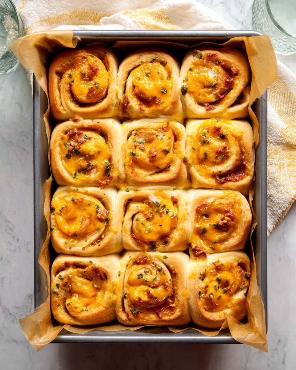 A metal rectangular pan lined with parchment paper holds twelve cheese rolls arranged in a 3x4 grid, each roll showing a light golden-brown dough spiral filled with melted orange-yellow cheese and small bits of green herbs inside. The rolls have a soft, slightly puffy texture with some golden spots where the cheese has browned. The pan sits on a white marbled surface with some parts of a glass and a cloth visible around it. photo taken with an iphone --ar 4:5 --v 7