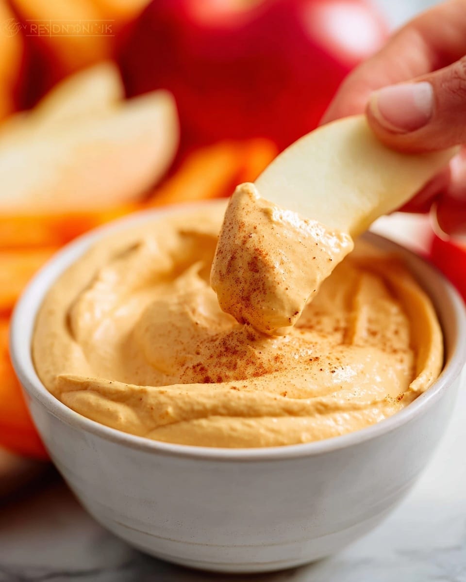 A close-up view of a white bowl filled with smooth, light orange creamy dip that has a soft, whipped texture and some specks of cinnamon on top. A slice of red apple with its pale yellow flesh is being dipped into the creamy layer by a woman's hand, showing the dip clinging thickly to the apple slice. The background shows blurred shades of orange and hints of apple slices, all set on a white marbled surface. Photo taken with an iphone --ar 4:5 --v 7