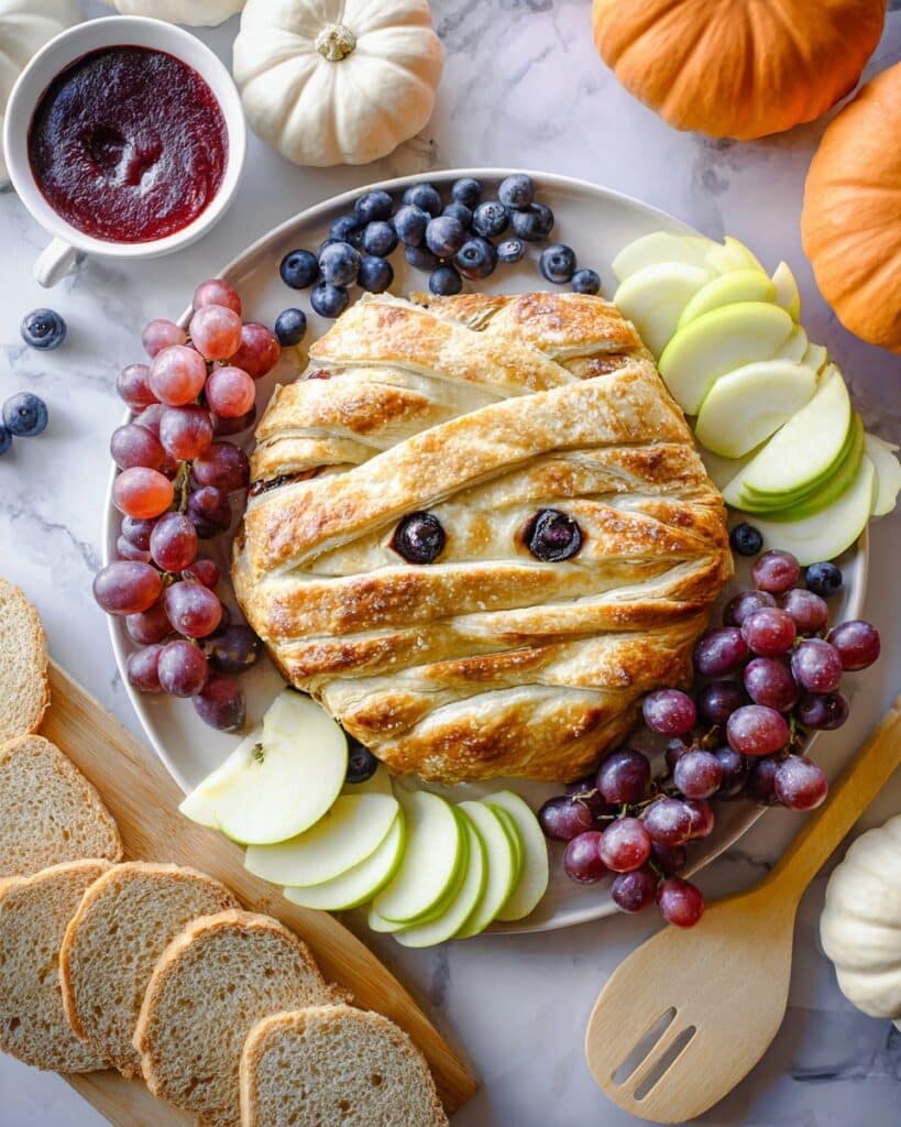 Mummy Brie with Puff Pastry, Jam, and Cranberry Eyes Recipe