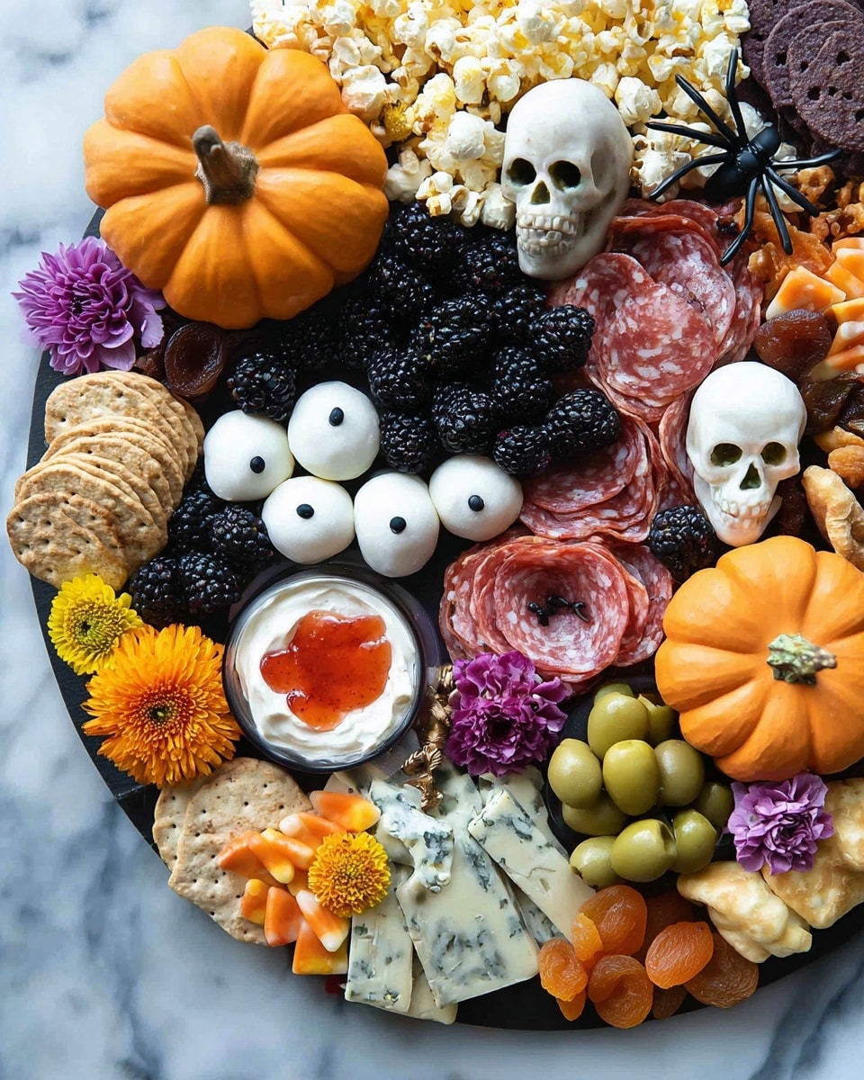 A festive Halloween snack board with many layers: the base is a dark round board on a white marbled surface. Around it are two small pumpkins, one orange and one white. There are clusters of blackberries and dried apricots placed near caramel popcorn in one corner. Sliced salami forms soft folds in the center with small white mozzarella balls next to it, each topped with a tiny black dot to look like eyeballs. There are some light brown cookies stacked beside purple figs and green olives. Orange and yellow marigold flowers and a purple flower add color, along with fake black plastic spiders on top of some walnuts and cookies. Two white ghost-shaped crackers are visible near a small skull decoration. A bowl of cream cheese with red jam sits next to bright orange cheese crackers, candy corn, and pieces of blue-veined cheese with a blood-like red splatter effect. photo taken with an iphone --ar 4:5 --v 7