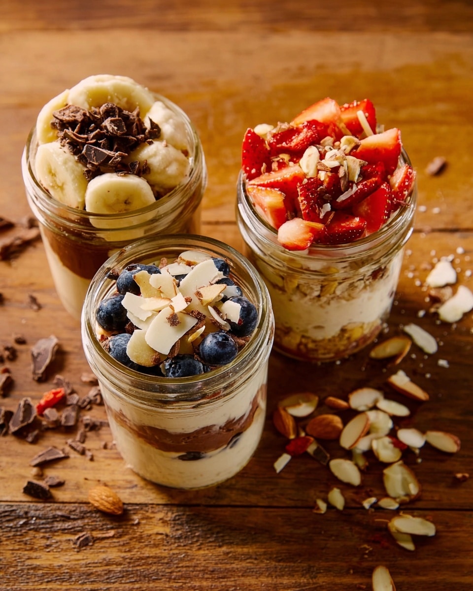 The image shows three small clear glass jars filled with layered dessert placed on a wooden surface. The first jar on the left has a light beige base with a thick, dark brown layer topped with banana slices and chopped almonds and dark chocolate pieces. The middle jar at the bottom contains a creamy white base topped with fresh blueberries, thin almond slices, and small red dried fruit pieces. The third jar at the top right has a mixture of creamy white and red layers, topped with sliced strawberries and chopped almonds. Small pieces of almonds and fruit are scattered on the wooden surface around the jars. photo taken with an iphone --ar 4:5 --v 7
