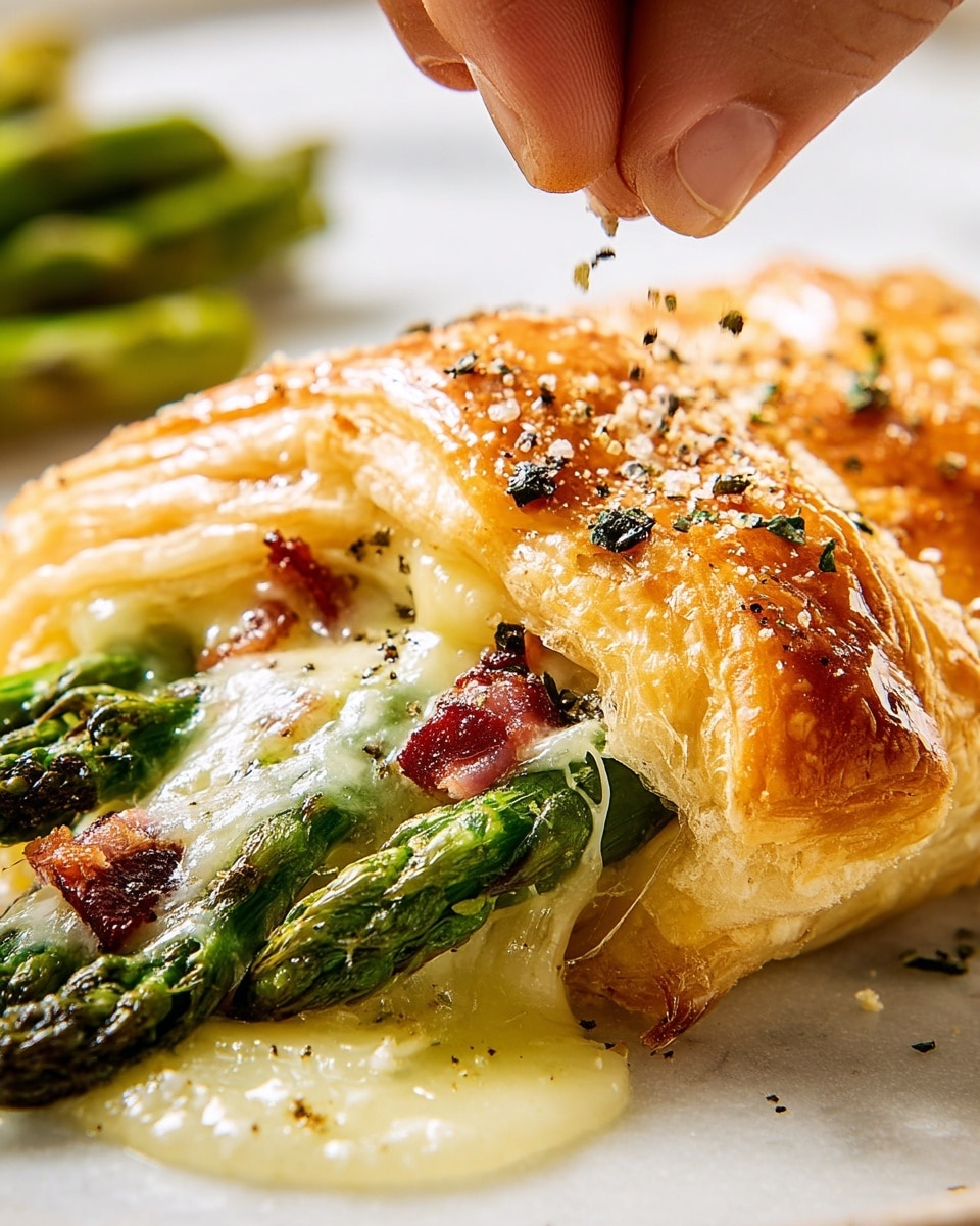 A close-up of a golden-brown pastry with a flaky, crispy texture, slightly folded to reveal bright green asparagus stalks inside. Melted cheese with a creamy, stringy texture covers part of the asparagus, with bits of dark seasoning sprinkled over it. Small pieces of reddish meat are peeking from under the cheese. A woman's hand is sprinkling more black pepper on top. The pastry sits on a white surface with a marbled texture. Photo taken with an iphone --ar 4:5 --v 7