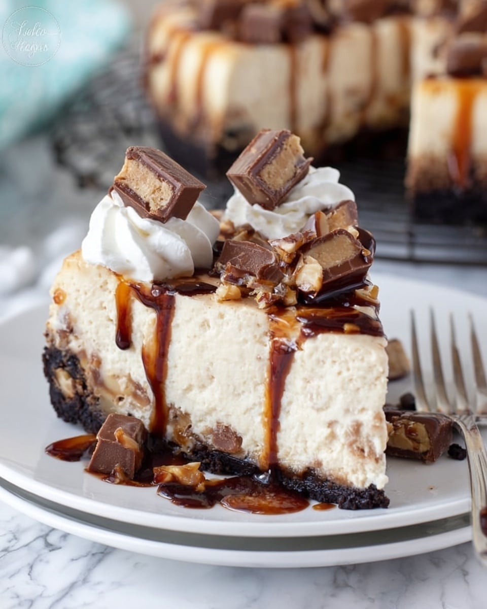 A slice of cheesecake with a creamy, light beige top layer that is smooth in texture, sitting on a darker, rich chocolate and nut-textured base layer. On top, there are two swirls of white whipped cream placed near the back edge, each topped with small chunks of candy bars that have rich chocolate and caramel visible inside. The slice sits on a white plate on a white marbled surface. Chocolate and caramel sauce is drizzled generously around the slice on the plate, showing a thick and glossy texture. In the background, part of the full cheesecake can be seen on a cooling rack. A fork lies on the right side of the plate. Photo taken with an iphone --ar 4:5 --v 7