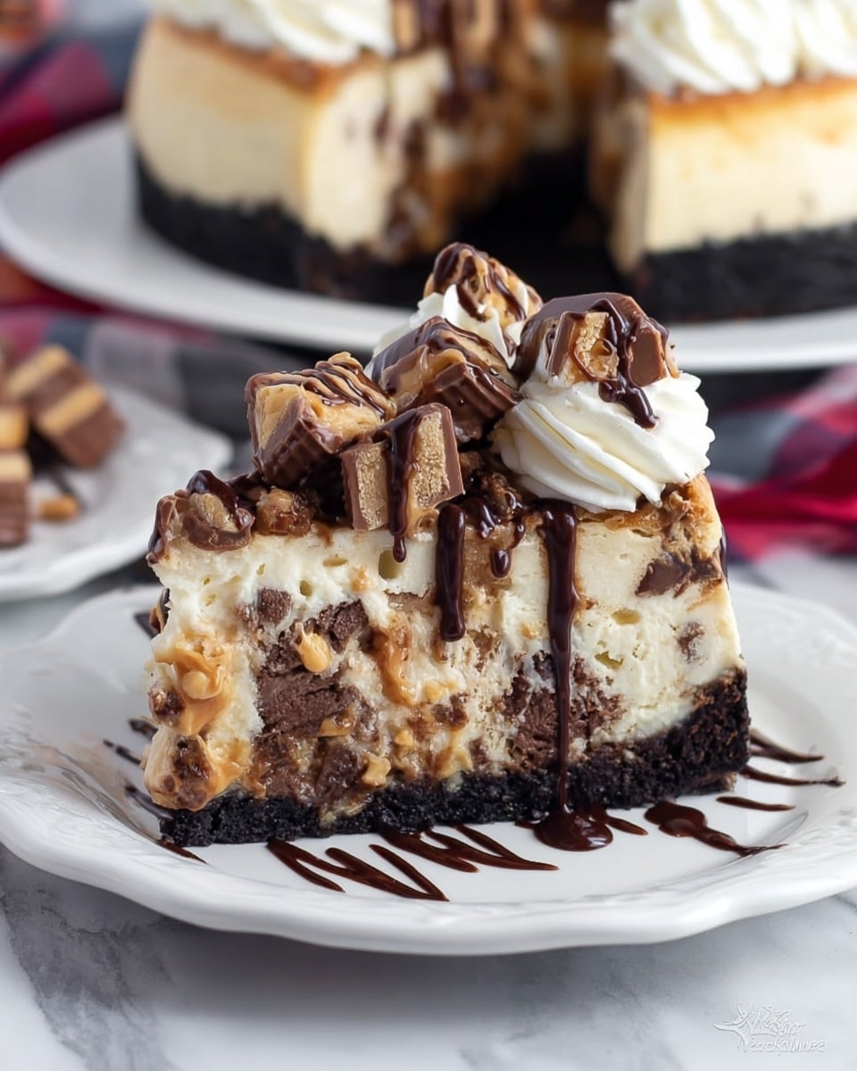 A thick slice of cheesecake sits on a white plate with scalloped edges. The cheesecake has three visible layers: at the bottom, a dark chocolate crust; above that, a dense layer with chunks of chocolate and peanut butter candy pieces mixed in; and a top layer of creamy, light cheesecake mixed with more candy chunks. The top of the slice is decorated with swirls of white whipped cream and more peanut butter chocolate candy pieces. Dark chocolate sauce is drizzled over the top and around the plate. The background shows more cheesecake with a slice missing, sitting on a white marbled surface. Photo taken with an iphone --ar 4:5 --v 7