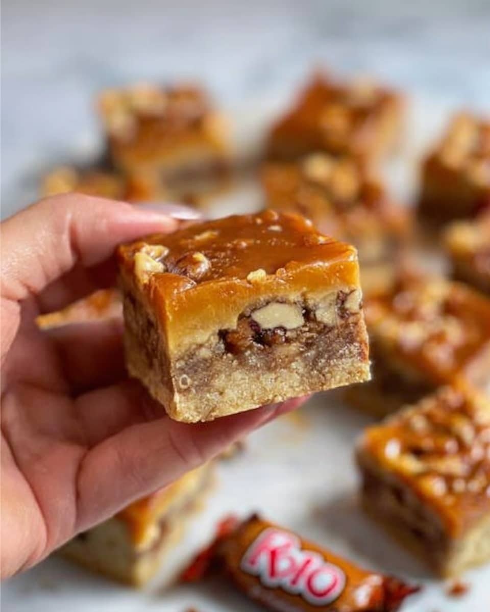 A close-up image shows a square caramel nut bar held by a woman's hand, showcasing a thick golden caramel layer on top, followed by a nut-rich layer with visible chunks of mixed nuts in the center, all resting on a light brown base layer. In the background, several more cut bars are arranged on a white marbled surface with a Rolo candy beside them, highlighting the candy's inspiration. The image has warm tones that emphasize the sticky texture and nutty mix, with the focus on the bar held closest to the camera. Photo taken with an iphone --ar 4:5 --v 7