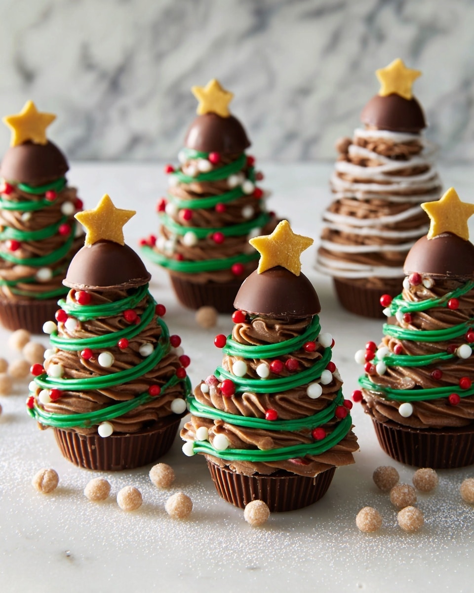 The image shows a Christmas tree made of stacked chocolate cups in three layers, each layer getting smaller as it goes up. The largest bottom layer is a wide, ribbed chocolate cup standing upside down, topped with a medium-sized cup, also upside down. The top layer is a smaller chocolate cup with a star-shaped cookie on its tip. White icing spirals around the tree from the bottom to the top, decorated with small red and green round sprinkles. The whole tree is dusted with white powdered sugar, giving the look of falling snow. The background and surface have a white marbled texture with more powdered sugar falling around, adding to the wintery feel. Photo taken with an iphone --ar 4:5 --v 7