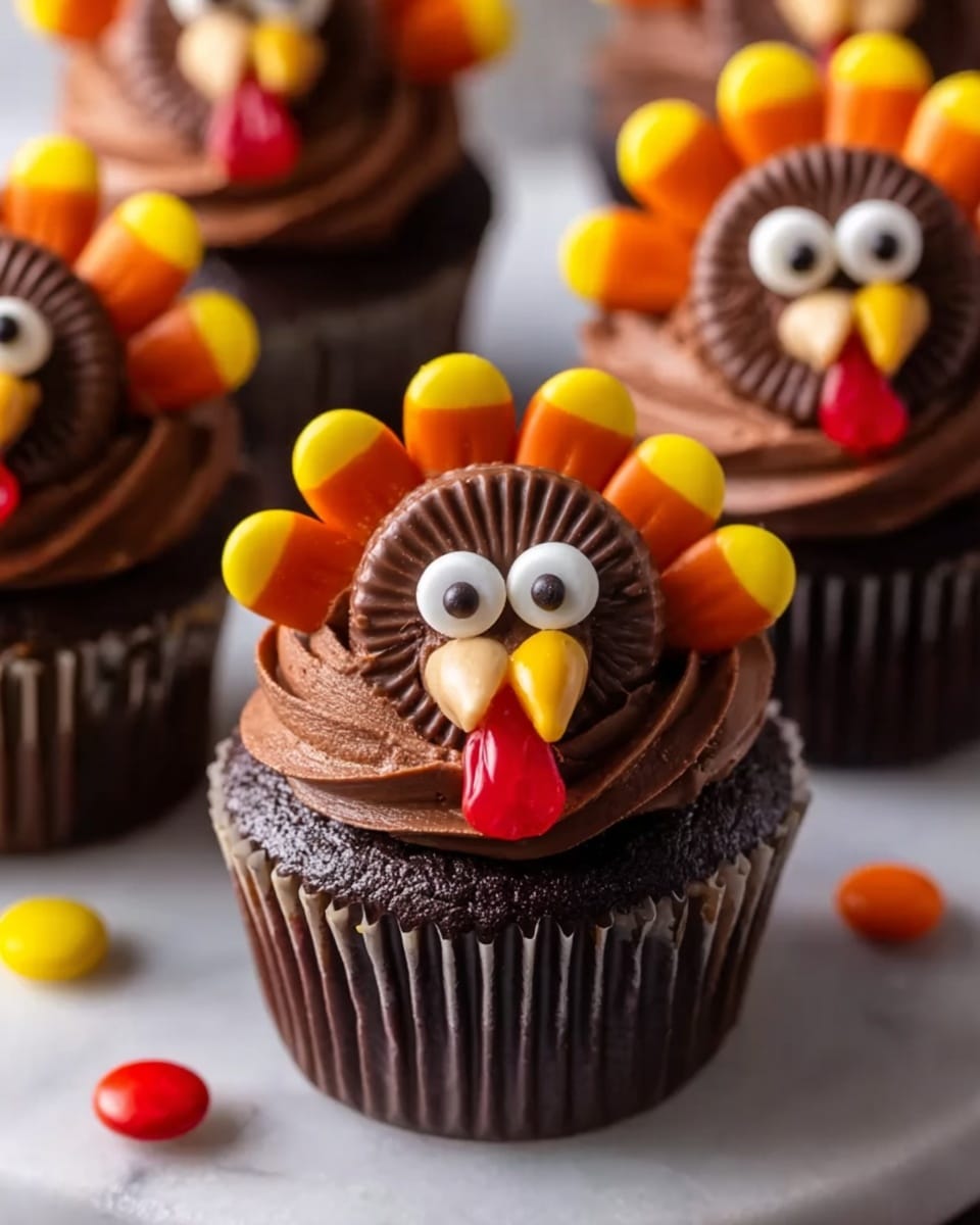 The image shows a close-up of a group of chocolate cupcakes on a white marbled surface, each with one swirl of rich, smooth dark brown frosting on top. Each cupcake is decorated with a peanut butter cup candy placed in the center, topped with two white candy eyes. Around the peanut butter cup, there are bright candy buttons in orange, yellow, and brown arranged like feathers. A small orange candy serves as the nose, and a red gummy candy is placed at the front like a turkey’s wattle. The cupcakes are set in dark brown paper liners, and a few small colorful candies are scattered nearby. Photo taken with an iphone --ar 4:5 --v 7