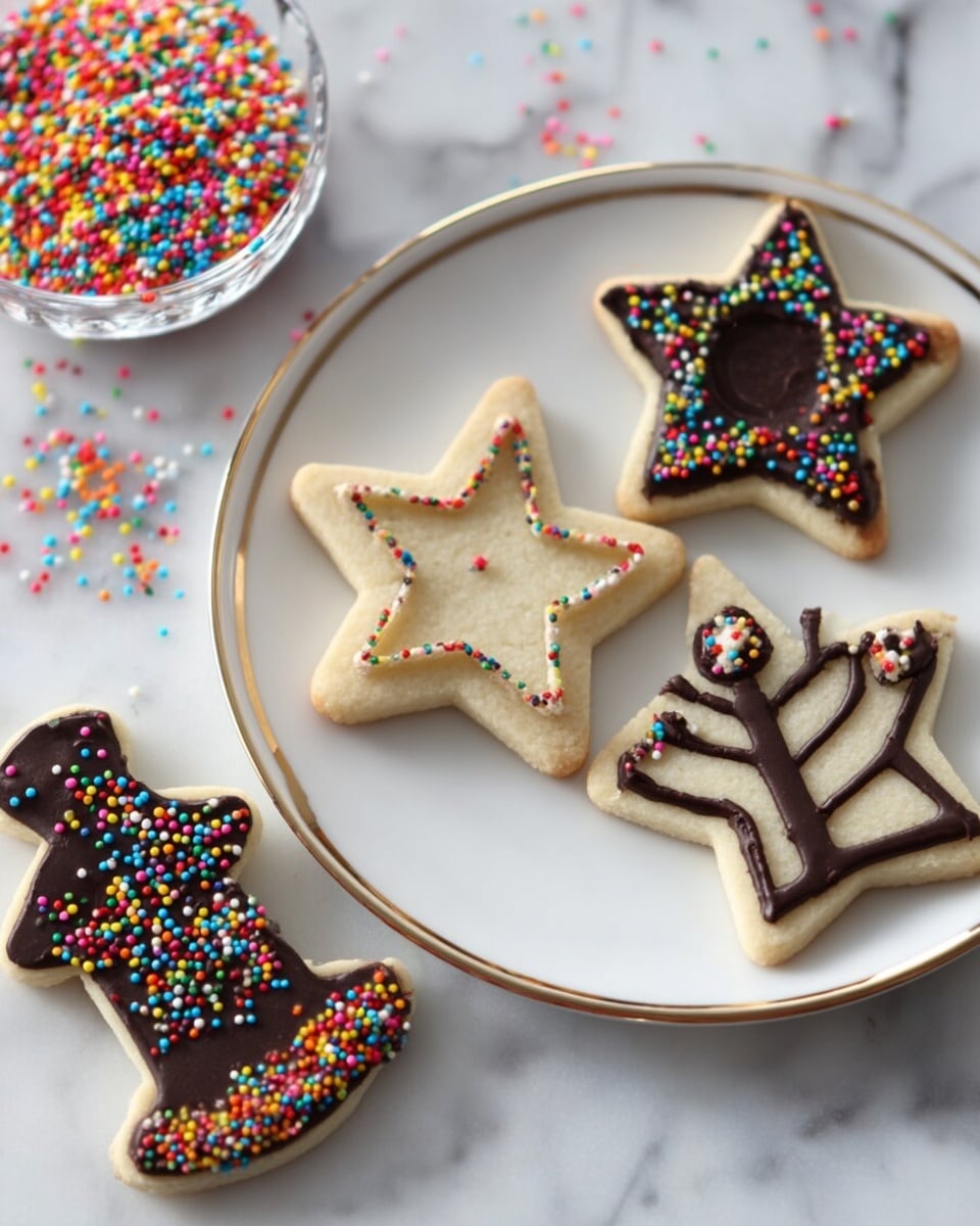 There are three star-shaped cookies on a white plate with a thin gold rim, each cookie decorated with a thin outline of dark chocolate around the edges and small colorful round sprinkles spread over the chocolate lines. One cookie is centered, another is on the left side, and the third is near the top of the plate. To the right of the plate on a white marbled surface, there are two more cookies: one shaped like a dreidel with dark chocolate decoration and colorful sprinkles, and another shaped like a menorah with vertical dark chocolate lines and small clusters of colorful sprinkles at the base and top. In the upper left corner, a glass bowl filled with tiny multicolored round sprinkles is partially visible. Photo taken with an iphone --ar 4:5 --v 7