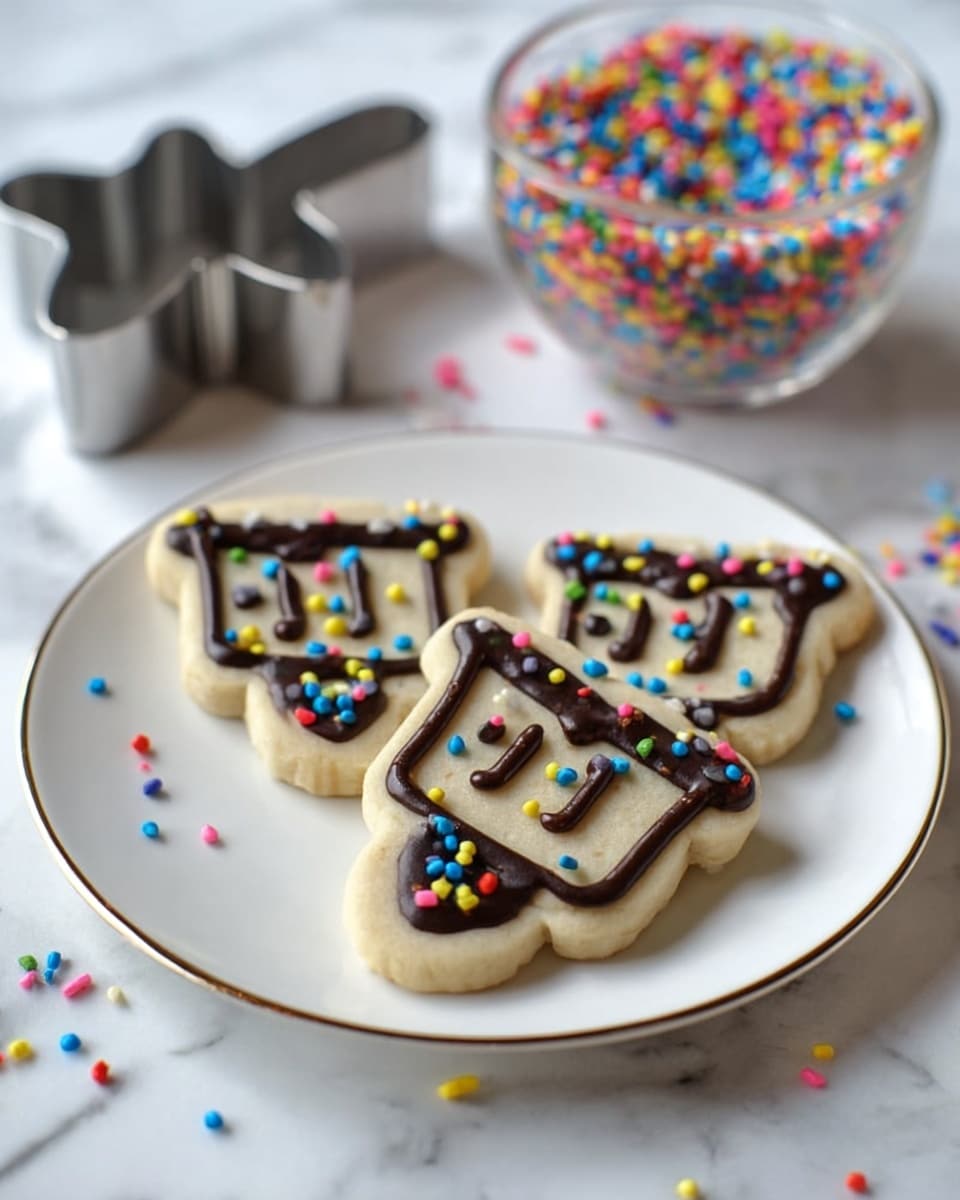 Three dreidel-shaped sugar cookies sit on a white plate with a thin gold rim, placed on a white marbled surface. Each cookie is decorated with a light beige base, outlined with thin dark chocolate icing forming the dreidel shape and Hebrew letters in the center. Small round colorful sprinkles in red, blue, yellow, green, and pink are scattered on the icing outlining each cookie. In the background, a clear glass bowl filled with similar colorful round sprinkles sits on the white marbled surface next to a metal dreidel cookie cutter. A few stray sprinkles are scattered around the plate. Photo taken with an iphone --ar 4:5 --v 7
