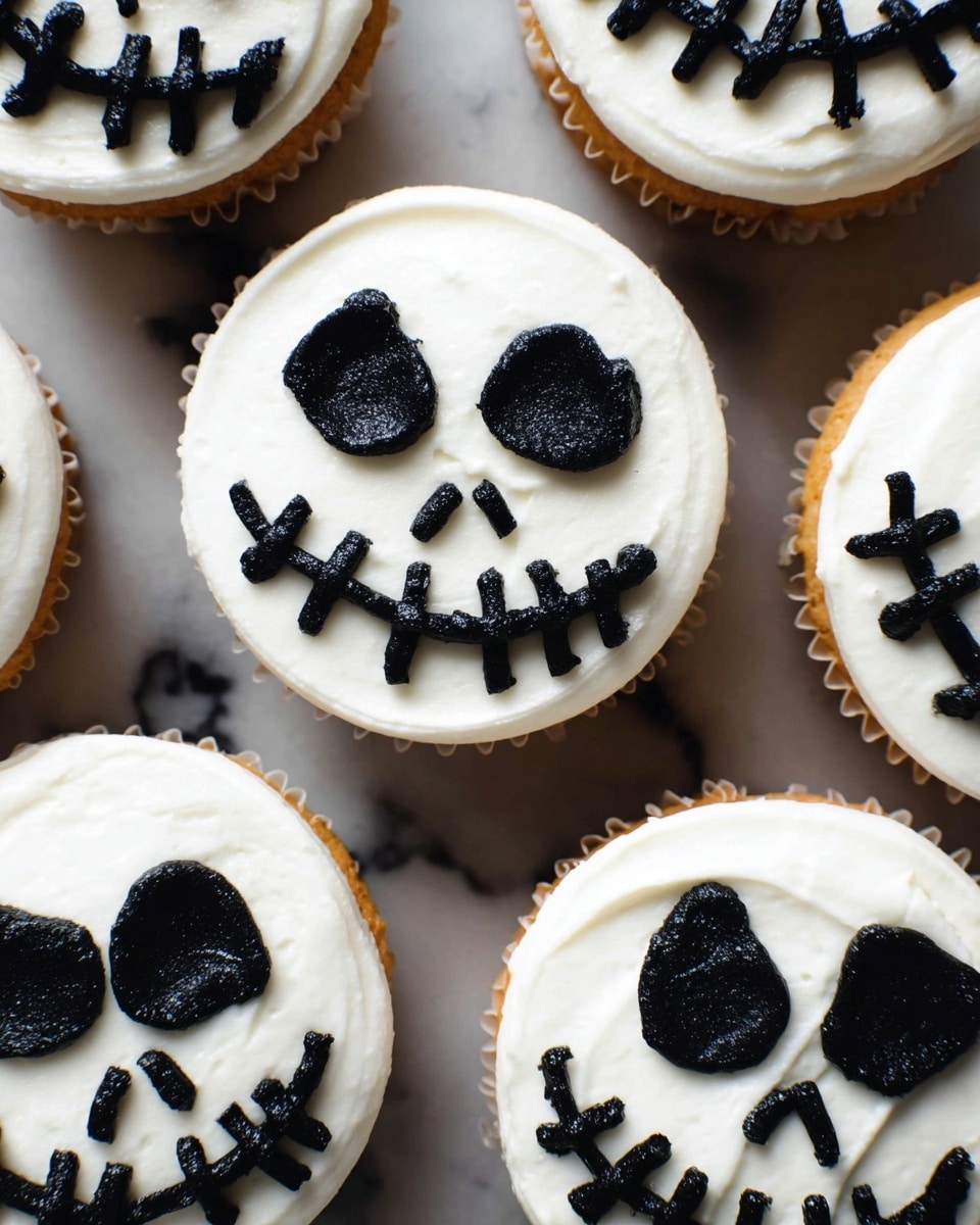 The image shows several round cupcakes with a smooth white frosting layer on top. Each cupcake is decorated with black icing shaped like a spooky stitched mouth and two large eyes, resembling a skull face with rough texture. The cupcakes are placed close together on a white marbled surface, highlighting the contrast between the bright white frosting and the dark black icing details. photo taken with an iphone --ar 4:5 --v 7