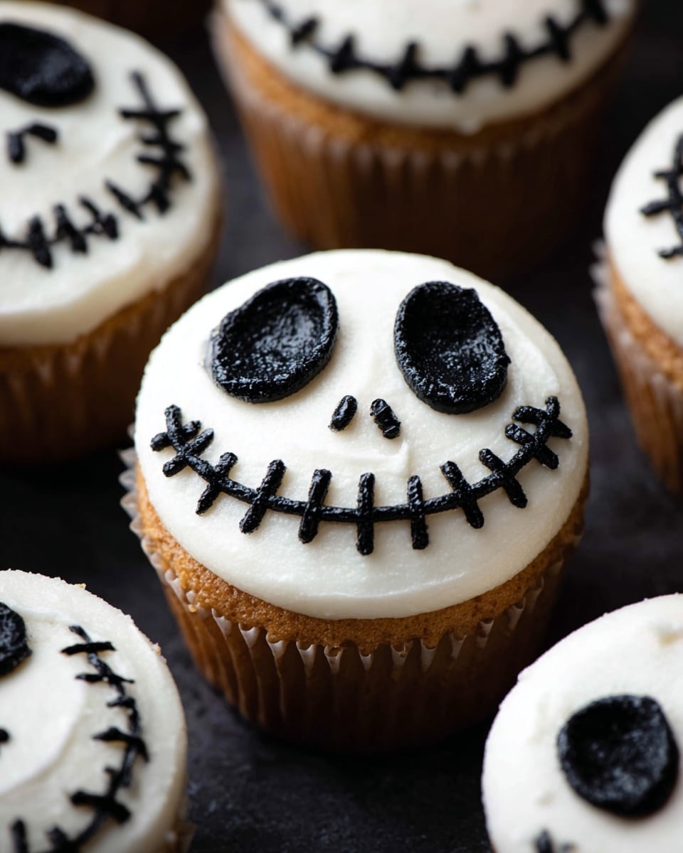 A group of cupcakes with one cupcake in the center showing detailed decoration. Each cupcake has one thick layer of smooth white frosting covering the top. On the central cupcake, there are two large, oval black shapes for eyes near the top, two small black dots for nostrils below the eyes, and a black stitched smile with vertical lines crossing a horizontal black line near the bottom, all made from black icing. The other cupcakes partially show similar black stitched smile designs. The cupcakes sit closely together against a dark background. Photo taken with an iphone --ar 4:5 --v 7