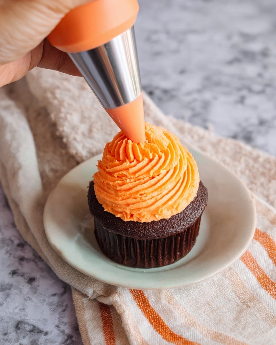 A chocolate cupcake sits on a white plate with soft edges, covered by a thick swirl of bright orange frosting that is being piped with a metal nozzle by a woman's hand using an orange piping bag. The frosting has a creamy, smooth texture with clear ridges from the piping. The background features a white marbled texture and a cloth with beige and orange stripes, adding contrast to the scene. Photo taken with an iphone --ar 4:5 --v 7