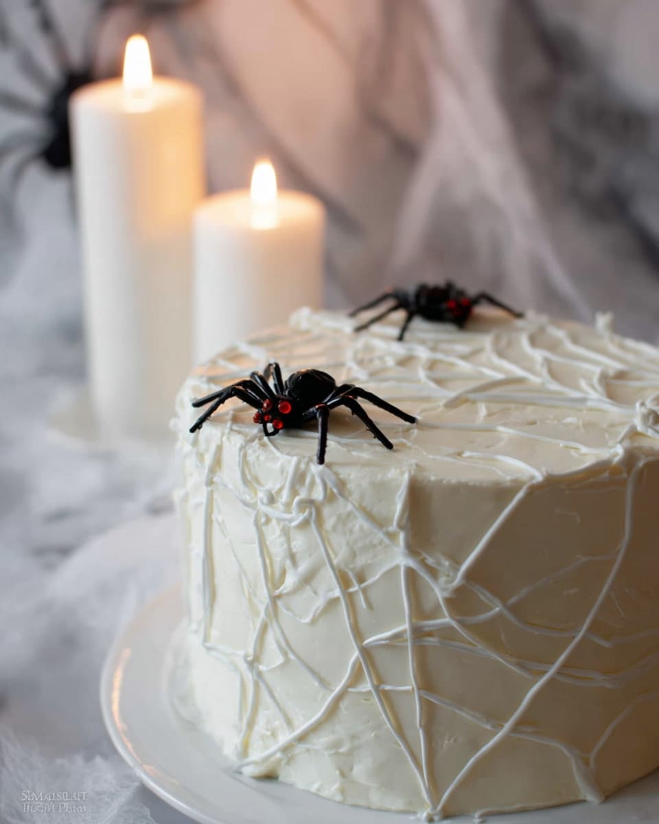 A white frosted cake with smooth and slightly textured icing covering the whole surface, decorated with thin white icing lines crossing over the top and sides to look like spider webs. Two black plastic spiders with shiny legs and small red tips sit on top of the cake. The cake is placed on a white plate, set against a white marbled surface with soft lighting coming from two lit white candles in the background. Photo taken with an iphone --ar 4:5 --v 7
