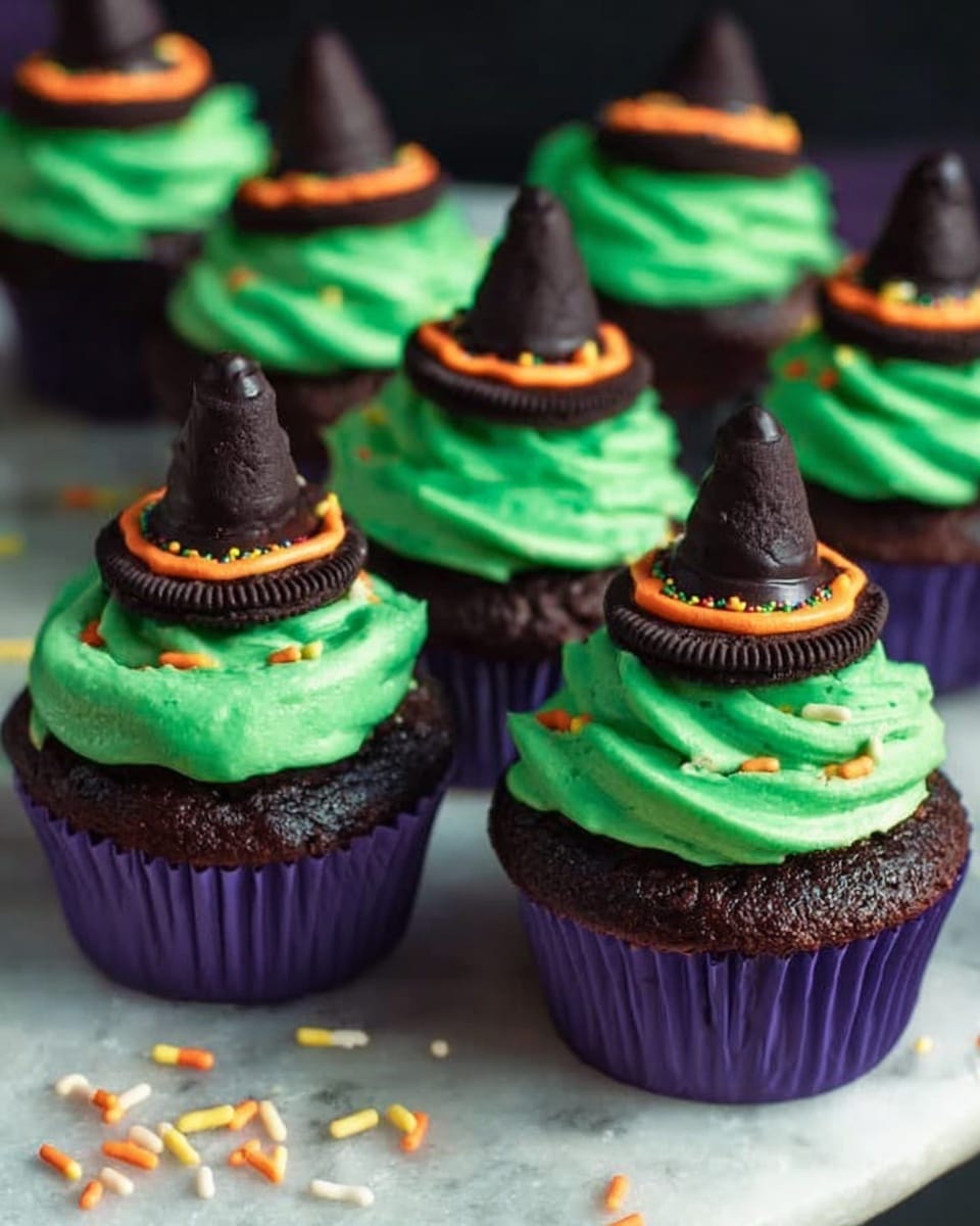 The image shows several dark chocolate cupcakes each with three layers. The bottom layer is a dark brown cupcake base in a purple liner. On top is a thick swirl of bright green frosting with a smooth texture. Each cupcake is topped with a black cookie that has orange and yellow sprinkles around the edge. On top of the cookie, there is a small dark chocolate cone decoration with a shiny finish. The cupcakes are placed on a white marbled surface with some scattered orange, yellow, and cream sprinkles around them. photo taken with an iphone --ar 4:5 --v 7