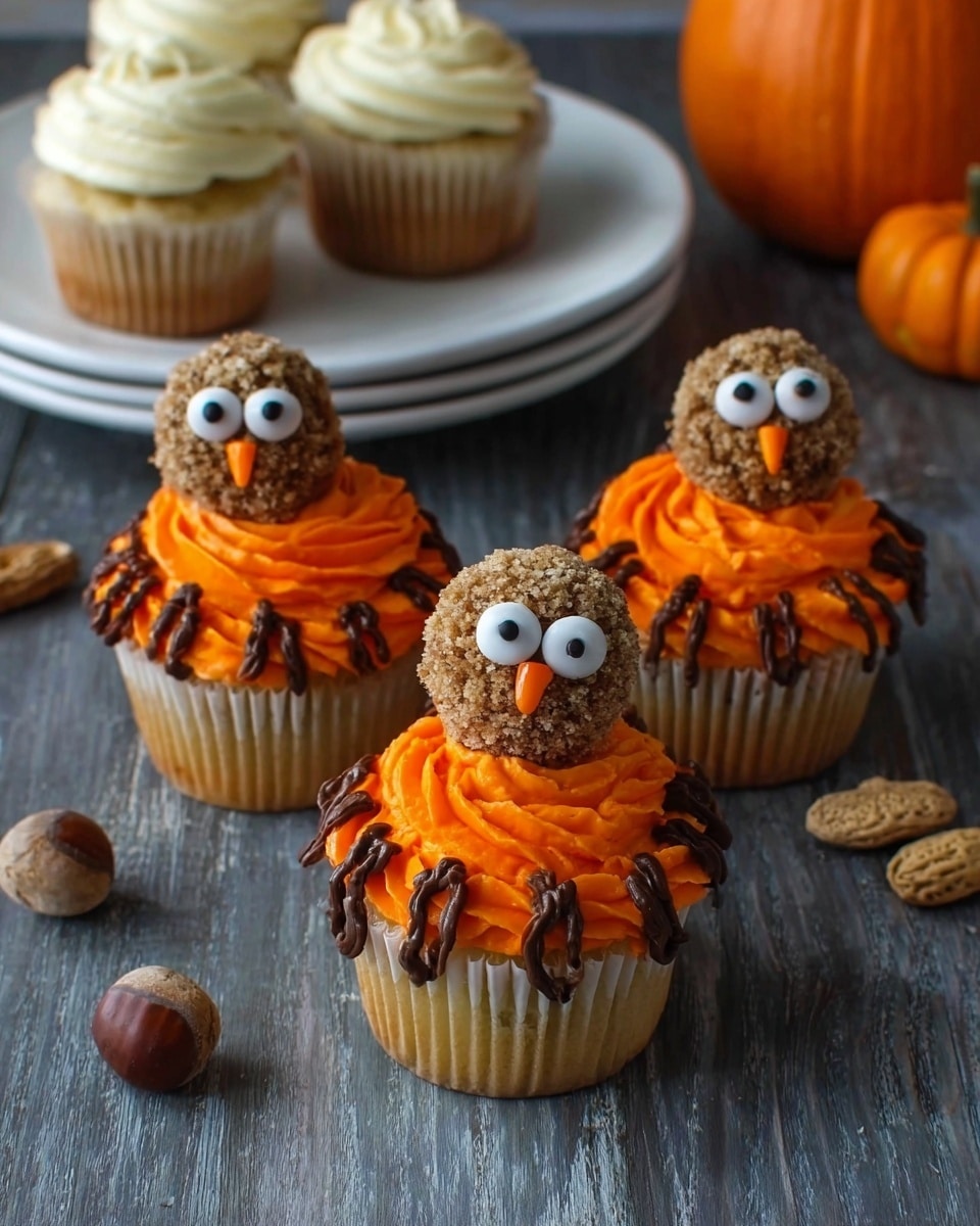 The image shows three cupcakes placed on a dark wooden surface with a white marbled texture around. Each cupcake has a base layer of white cake in a white liner, topped with bright orange frosting swirled thickly to form the body of a turkey. On top of the frosting is a round, crumb-coated ball representing the turkey’s head, covered in brown crumbs for texture. Each head has two big white fondant eyes with black pupils. Drizzled dark brown lines on the orange frosting mimic turkey feathers. In the background, two plain cupcakes sit on a white plate, and there are decorative small pumpkins and a nut bag scattered around. Photo taken with an iphone --ar 4:5 --v 7