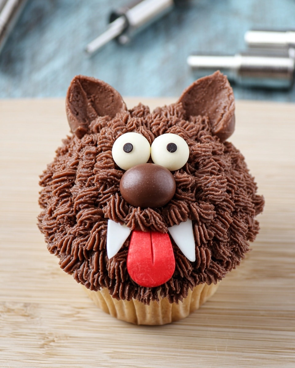 A cupcake decorated to look like a funny animal face sits on a light wooden board with some silver decorating tools nearby. The cupcake base is fully covered with textured dark brown chocolate frosting piped in small star shapes to create a furry look. Two white candy eyes with black dots are placed near the top center, topped with two oval dark brown candies resembling eyebrows. A rounded dollop of smooth chocolate frosting forms the nose area with a longer oval candy on top. Below the nose, a red sugar-coated candy forms the tongue sticking out, with five small white candy sticks above it, mimicking teeth. Two triangular pieces of chocolate are placed on the sides near the top, looking like ears. The image has a white marbled background. photo taken with an iphone --ar 4:5 --v 7