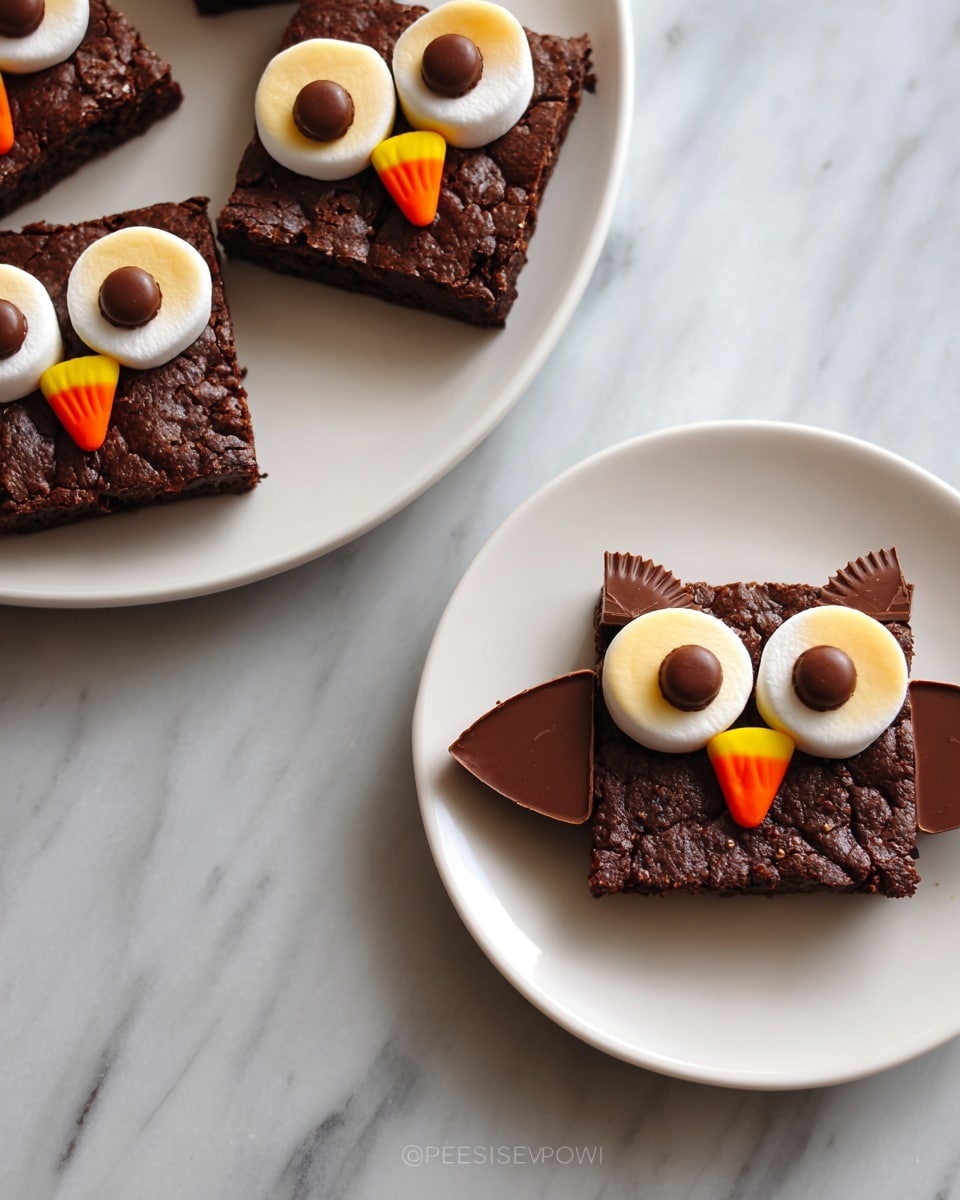 The image shows owl-shaped brownies made from three main layers. The base is a square, dark brown, textured brownie. On top, there are two white marshmallows placed side by side near the top edge, each topped with a round, dark chocolate disk to form eyes. Below the eyes, in the middle of the brownie, a small candy corn is placed as the beak with a gradient of yellow, orange, and white colors. On each side of the brownie, two half-circle milk chocolate cups are placed facing outward to make the wings, with the rounded edge near the brownie sides. The brownies are arranged on two white plates, one large and one small, on a white marbled surface. Photo taken with an iphone --ar 4:5 --v 7