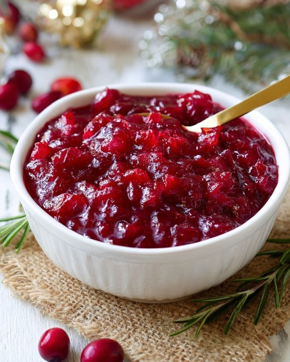 A white ceramic bowl filled with bright red cranberry sauce that has a chunky texture and shiny surface, showing many small pieces of cranberries. A golden spoon is placed inside the bowl, resting on the sauce with part of its handle sticking out. The bowl sits on a piece of rough beige burlap cloth, with a few whole cranberries and green rosemary sprigs around it. The background features a white marbled surface with soft natural light and subtle holiday decorations blurred out in the distance. photo taken with an iphone --ar 4:5 --v 7