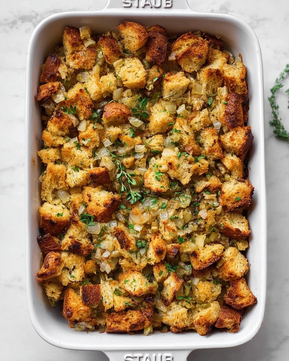 A white ceramic baking dish filled with golden-brown stuffing made of torn bread pieces mixed with diced celery and herbs, showing a crunchy, uneven top layer with some darker toasted spots and soft bits underneath, the dish sitting on a white marbled surface with a few scattered green leaves around. photo taken with an iphone --ar 4:5 --v 7