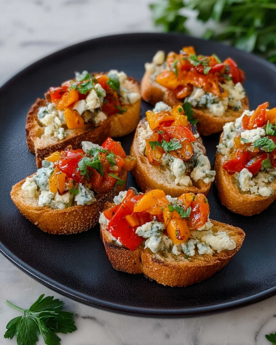 The image shows a baking tray lined with white parchment paper, holding multiple small toasted bread slices arranged in rows. Each slice has two layers: the first layer is a melting white and bluish cheese with a creamy texture spread unevenly, and the second layer is bright red roasted pepper pieces scattered on top. The bread has a golden-brown crust with a slightly rough texture and a soft yellow inside. There are small bits of melted cheese and drops of oil on the parchment around the bread, and the whole scene is set on a white marbled surface. Photo taken with an iphone --ar 4:5 --v 7