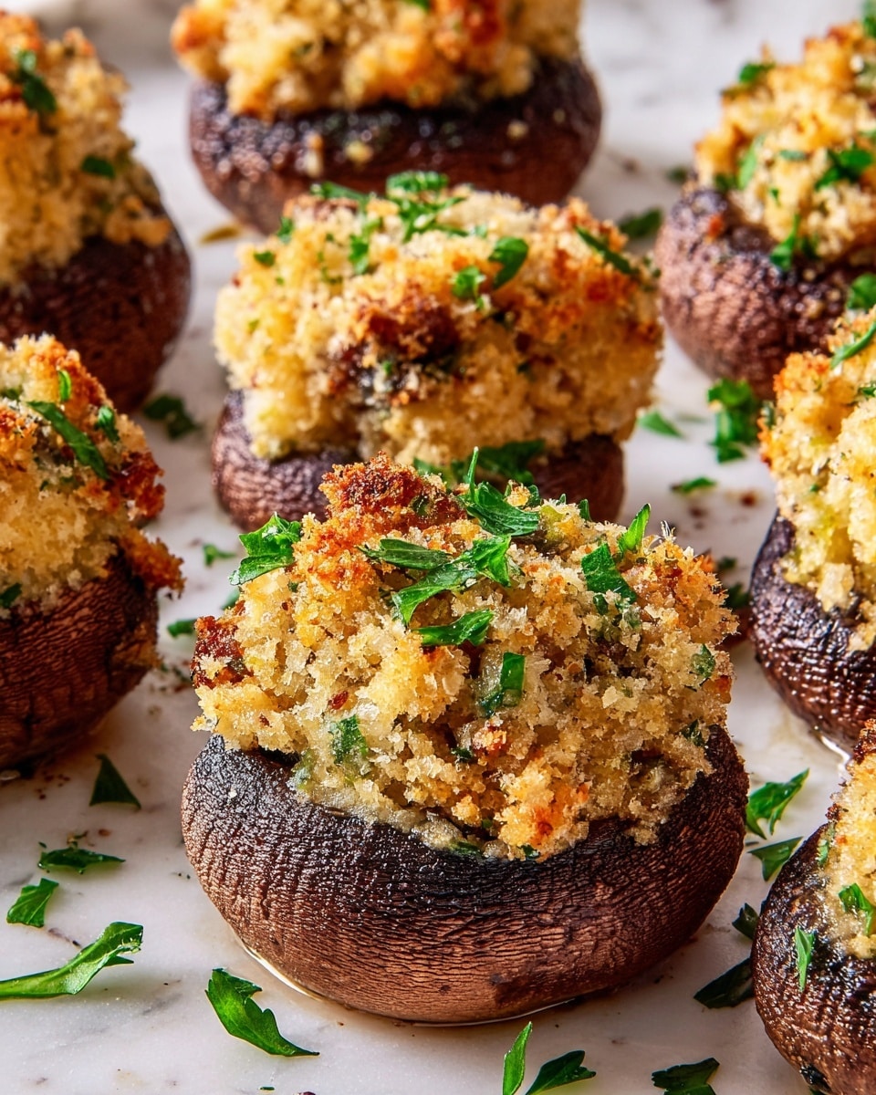 The image shows several stuffed mushrooms arranged closely on a white marbled surface. Each mushroom has a dark brown, slightly wrinkled cap filled with a thick, rough-textured mixture that is golden brown with hints of green herbs sprinkled on top. The filling looks crumbly on the surface, with visible pieces of green leaves and small bits of a lighter ingredient mixed inside. The stuffing is heaped slightly above the mushroom edges, creating rounded mounds of varied golden hues, giving a crunchy baked look. Small fresh green herb pieces are scattered around the mushrooms on the white marbled background. Photo taken with an iphone --ar 4:5 --v 7