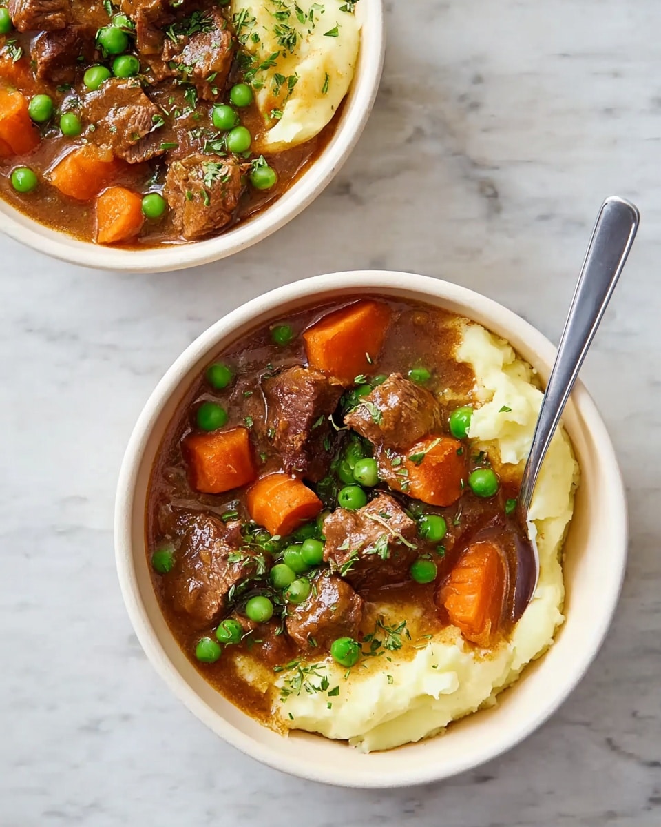 Two bowls on a white marbled surface each have two main layers: a smooth, creamy pale yellow layer of mashed potatoes on the side and a thick brown stew on top. The stew contains chunks of tender brown meat, bright orange carrot slices, and small green peas, with some herbs sprinkled throughout. A spoon rests in the front bowl, positioned slightly inside, ready to scoop the stew. The bowls are plain white and round, showing the hearty mix of colors and textures vividly, photo taken with an iphone --ar 4:5 --v 7