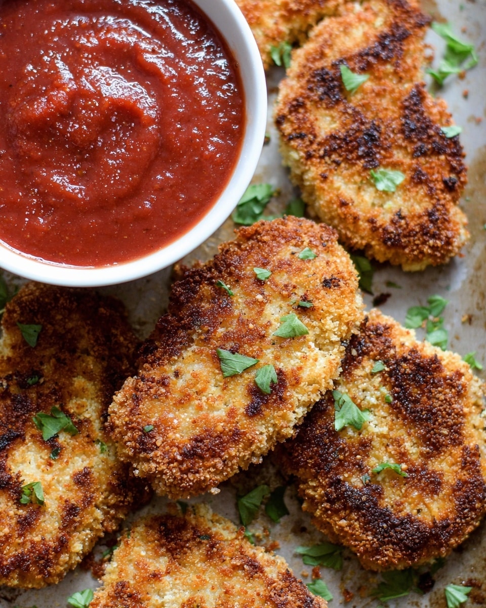 Three pieces of crispy baked chicken with a golden brown crumb coating are arranged on a white plate with a beaded rim. The chicken is sprinkled with finely chopped green herbs and grated cheese, adding texture and color. On the top-left side of the plate is a small white bowl filled with thick red marinara sauce, swirled smoothly. In the background, a white baking tray holds more pieces of the baked chicken. The plate sits on a folded green and blue checkered cloth over a white marbled surface, with some scattered green herbs around. Photo taken with an iphone --ar 4:5 --v 7