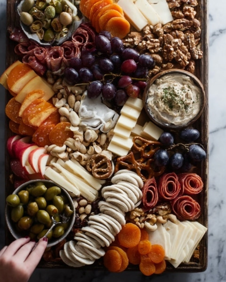 A wooden board filled with many different foods arranged in sections: light green olives in one corner, dark purple grapes in another, slices of white cheese and round white crackers placed in neat stacks, and rolled orange slices of what looks like smoked meat. There are also round red crackers in a pile on the side, mixed nuts scattered around the middle, and a small bowl of beige dip with bits of herbs on top. The board has other colorful items like red apple slices near the center, light tan pretzels, and pieces of bread with a rough texture. The scene uses a white marbled surface beneath the board, and a woman's hand is reaching towards the food on one side. Photo taken with an iphone --ar 4:5 --v 7