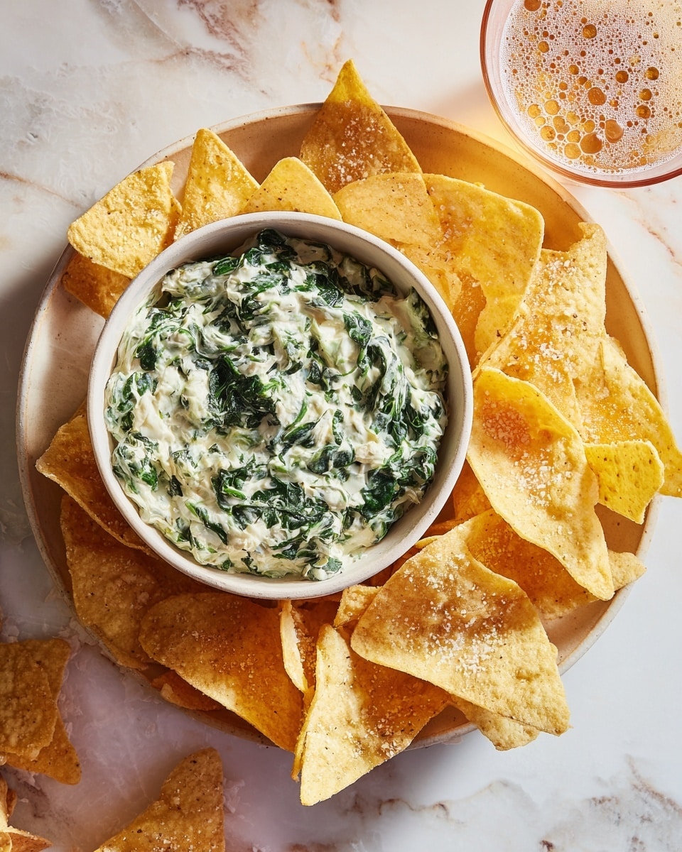 A white bowl filled with creamy spinach dip that has visible dark green leafy spinach mixed with thick, smooth white cream and small bits of onion; the dip fills the bowl close to the top, and the bowl sits on a white marbled surface surrounded by many golden-yellow triangular tortilla chips with a slight salt sprinkle and crispy texture. photo taken with an iphone --ar 4:5 --v 7