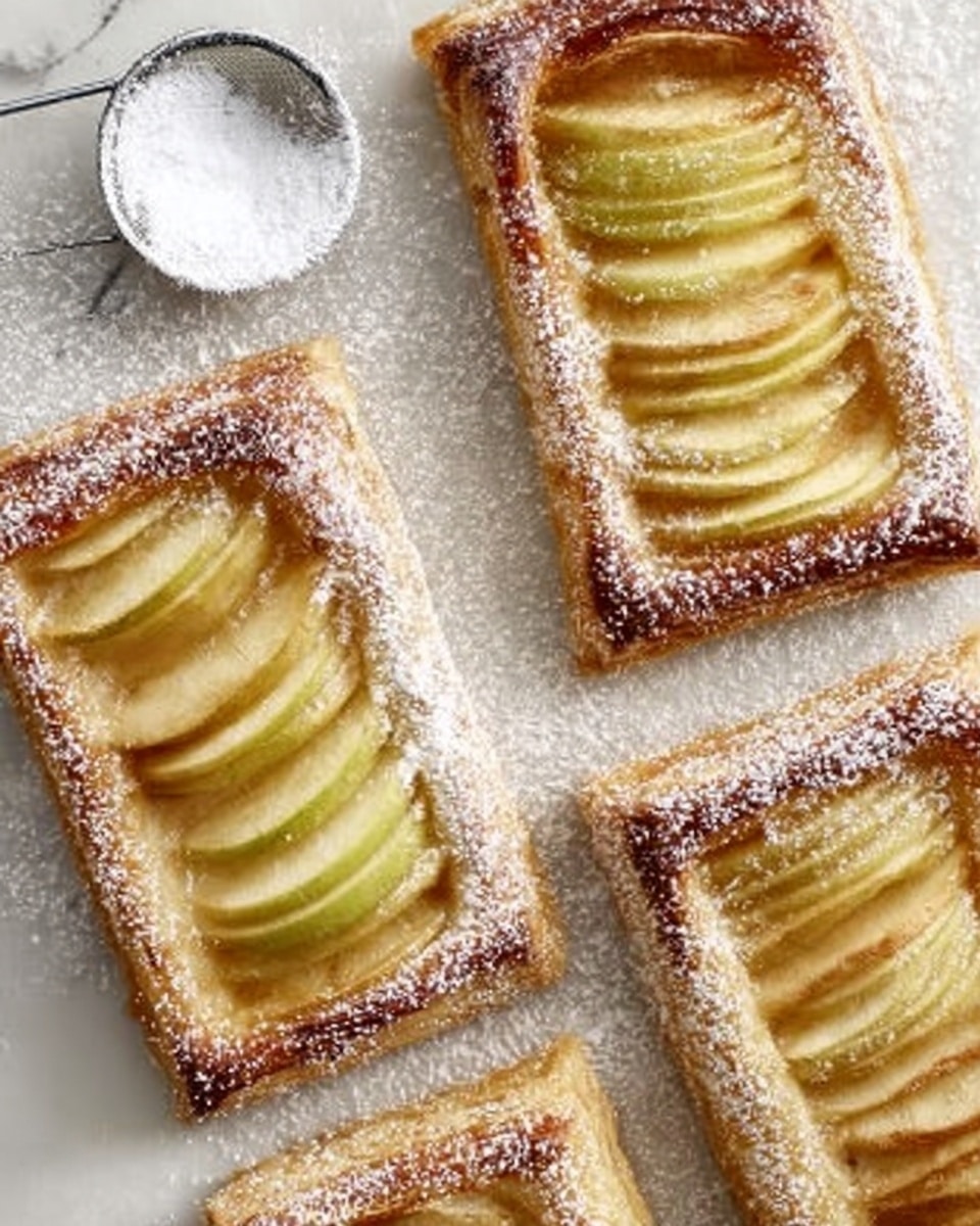 The image shows four rectangular apple pastries arranged on a white marbled surface. Each pastry has a golden-brown crust with a slightly puffed edge and layered slices of light greenish-yellow apple neatly fanned across the top. The pastries are dusted with fine white powdered sugar, which lightly coats the fruit and crust, with some sugar scattered around them on the surface. A small sieve filled with powdered sugar is placed to the side, suggesting that the sugar was freshly sprinkled. photo taken with an iphone --ar 4:5 --v 7