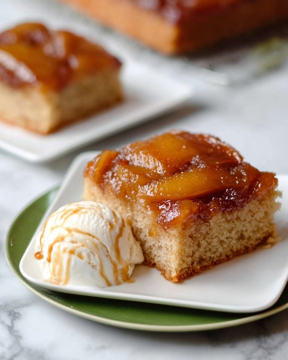 The image shows a single square piece of upside-down caramelized apple cake with a shiny, amber-colored apple layer on top and a light brown cake layer underneath, placed on a small white plate. Next to the cake, there is a scoop of creamy vanilla ice cream with swirls of caramel, creating a smooth texture. The plate sits on a green plate, both resting on a white marbled surface. In the background, there is another piece of the same cake on a white square plate. photo taken with an iphone --ar 4:5 --v 7