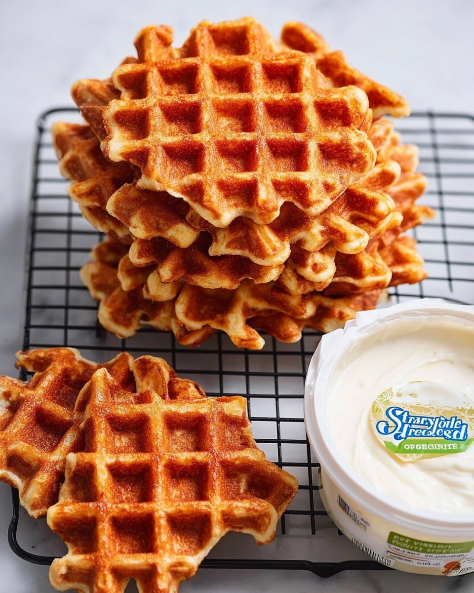 The image shows three golden brown waffles stacked slightly overlapping on a white plate, with small pats of melting butter on top and syrup drizzled over them. A silver fork and knife rest on the right side of the plate. To the right of the plate, there is a small white cup filled with dark syrup or sauce. In the top left corner, a container of Stonyfield Organic Greek plain whole milk yogurt with a red lid is visible. A striped cloth is draped on the left side on a white marbled surface. The scene is bright with natural light and clear shadows. photo taken with an iphone --ar 4:5 --v 7