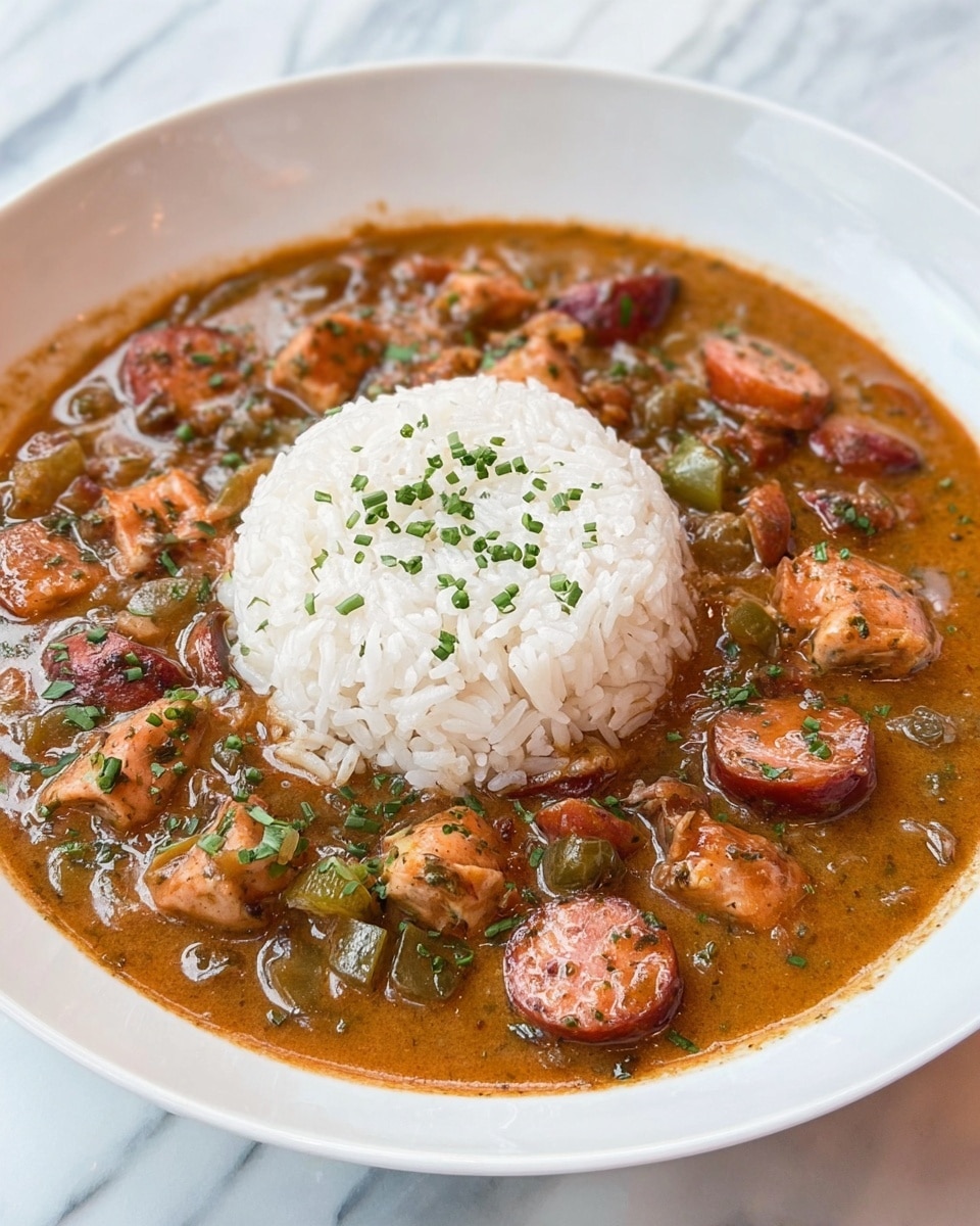 A white bowl holds a dish with two main parts: a mound of white rice placed in the center, with a sprinkle of green herbs on top, and a rich, brown broth surrounding it. The broth contains slices of browned sausage, chunks of light brown chicken, and pieces of green vegetables like celery or peppers. A silver spoon is partly dipped into the broth on the right side of the bowl. The bowl is set on a white marbled surface. photo taken with an iphone --ar 4:5 --v 7