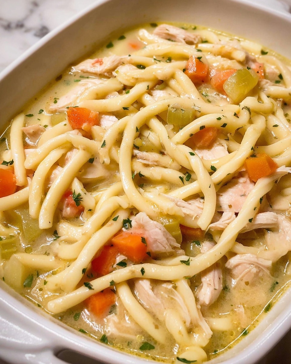 The image shows a close-up view of a creamy soup with thick noodles as the main focus, surrounded by small chunks of light pink chicken, tiny bits of orange carrot, and little pieces of green herbs scattered throughout the pale yellow broth. The noodles are long and soft, intertwined and partially submerged in the smooth, thick liquid with a glossy surface reflecting light, creating a warm and comforting look. Photo taken with an iphone --ar 4:5 --v 7