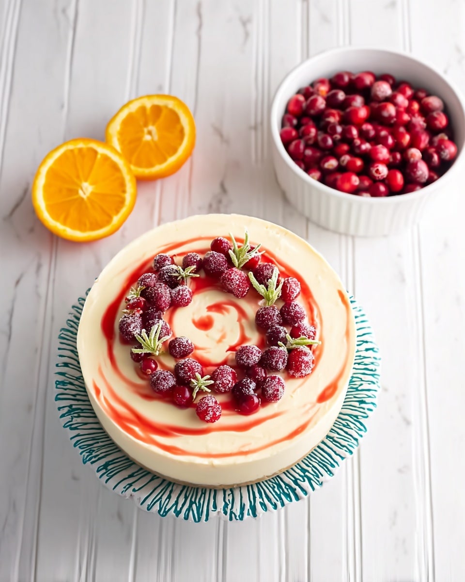 The image shows a round dessert with two visible layers: a thick, smooth cream-colored base topped with a light cream swirl. On top, there is a circle of bright red cranberries mixed with small green sprigs and a few slices of orange. The dessert sits on a white plate with a blue scalloped edge, all placed on a white marbled surface with vertical lines. Nearby, there is a white bowl filled with more red cranberries and two halves of a fresh orange. photo taken with an iphone --ar 4:5 --v 7