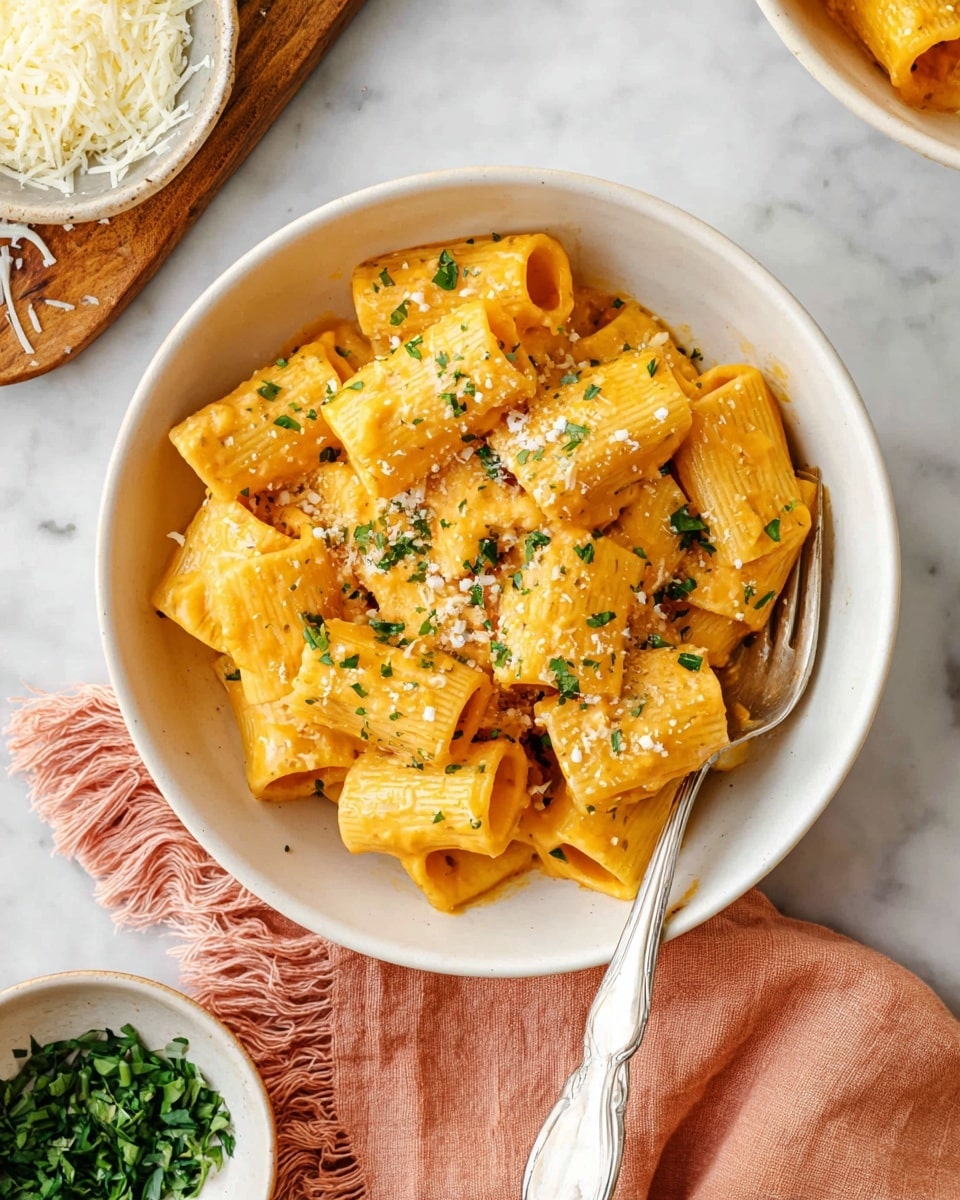 A white bowl filled with rigatoni pasta coated in a smooth, creamy orange sauce. The pasta is topped with small sprinkles of white grated cheese and chopped green herbs scattered over the dish. A silver fork is resting in the pasta on the right side of the bowl. The bowl sits on a white marbled surface with a fringed peach-colored cloth in the lower left corner, a small bowl of chopped green herbs on the left, and a wooden board with shredded white cheese at the top. Another white bowl with more creamy rigatoni is partially visible at the top right corner. Photo taken with an iphone --ar 4:5 --v 7