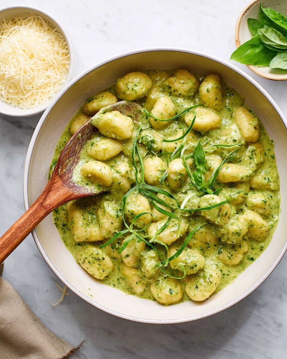 A pan filled with round gnocchi covered in a thick, creamy green sauce, likely pesto, with visible texture from herbs. The gnocchi are softly coated, some nestled in small pools of sauce. Thin strips of fresh green basil are scattered on top, adding a fresh contrast. A wooden spoon rests inside the pan, lifting some gnocchi. Behind the pan on a white marbled surface is a white bowl filled with grated cheese, and next to it are fresh basil leaves. There is a green cloth napkin partially visible under the pan. Photo taken with an iphone --ar 4:5 --v 7