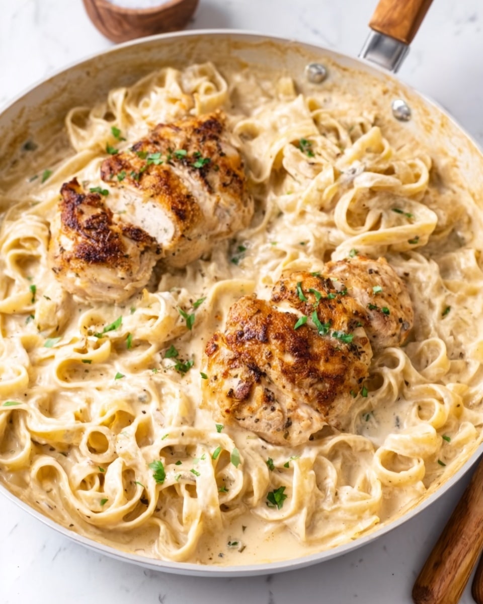 A shallow white bowl shows a dish with three main layers. The bottom layer is creamy white fettuccine pasta coated in a smooth light beige sauce with some small green herb pieces mixed in. On top, toward the center, are five slices of grilled chicken with a golden brown outside and a tender white inside, sprinkled with finely chopped green herbs. A silver fork is partly stuck into the pasta on the right side. The bowl sits on a white marbled surface, with two small white bowls nearby—one holding grated cheese and the other fresh chopped herbs. A soft gray cloth is also visible at the lower left corner. Photo taken with an iphone --ar 4:5 --v 7