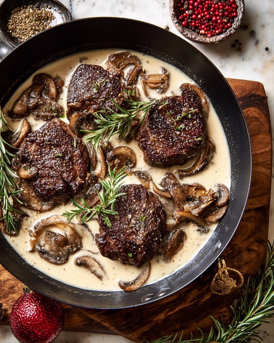 This image shows a black skillet filled with five thick, dark brown cooked patties. Each patty has a rough texture and is topped with small, light brown mushroom slices. The patties sit in a creamy, light beige sauce that nearly fills the skillet. Sprigs of green rosemary lay between the patties, adding a fresh touch. The skillet is placed on a wooden board, with a white marbled surface beneath. There are Christmas ornaments near the skillet's bottom right corner. photo taken with an iphone --ar 4:5 --v 7