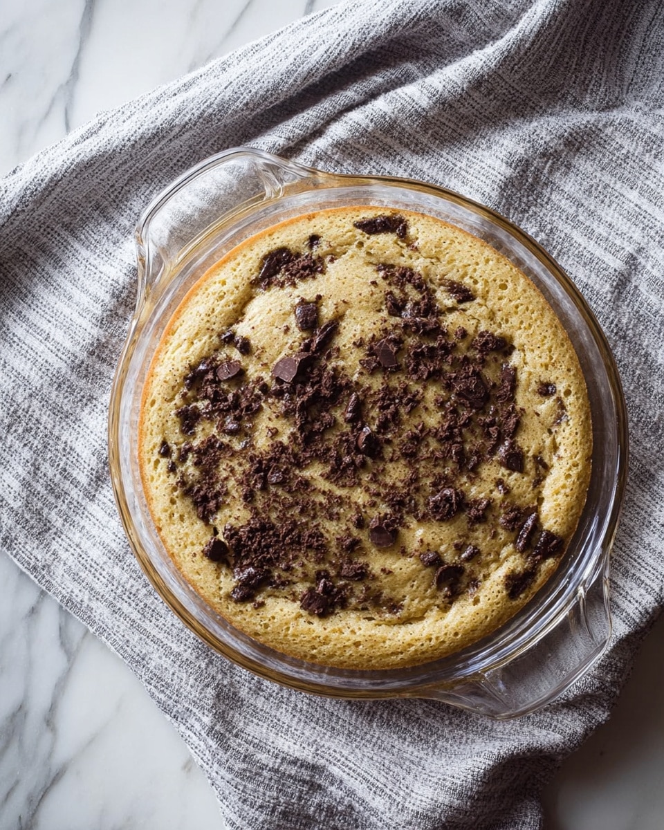 A round, freshly baked cake sits in a clear glass dish with two handles, placed on a white marbled surface covered by a soft, folded gray cloth with white stripes. The cake has one thick layer with a golden brown color and a slightly uneven textured top. Scattered on the cake are unevenly spread dark chocolate pieces and crumbs, some melted and some solid, adding a speckled contrast to the smooth golden surface. The cake rises slightly in the center, showing a soft, fluffy texture. Photo taken with an iphone --ar 4:5 --v 7