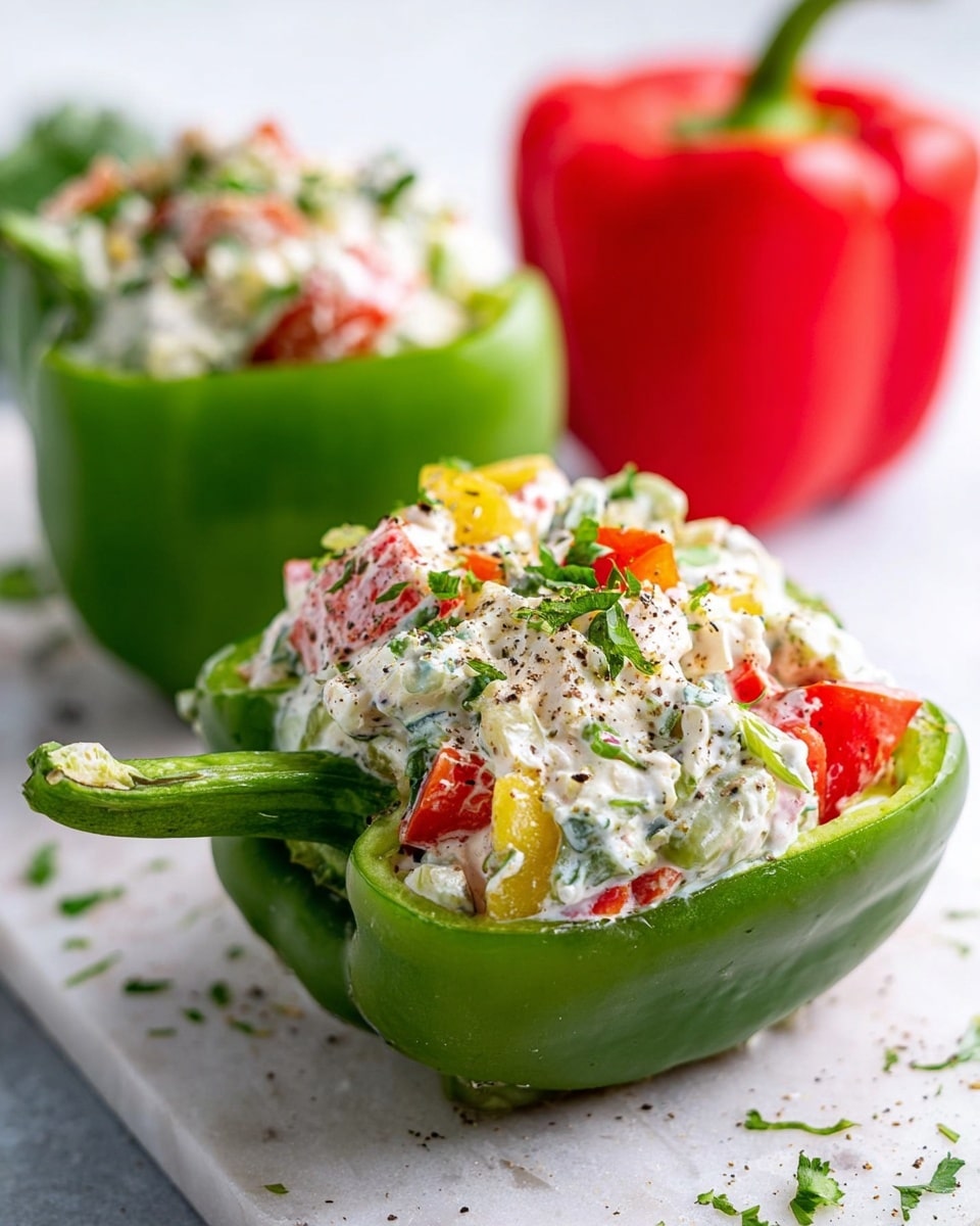 The image shows two bell pepper halves on a white plate with a white marbled texture underneath. One half is orange and the other is green, both filled with a creamy salad mixture containing small pieces of red, green, and white vegetables. The salad looks fresh with chopped green onions and a sprinkling of black pepper and herbs on top. In the background, there is a bowl with more salad, and a whole orange bell pepper sits to the side. The scene is bright and clean, giving a fresh and healthy feel. photo taken with an iphone --ar 4:5 --v 7
