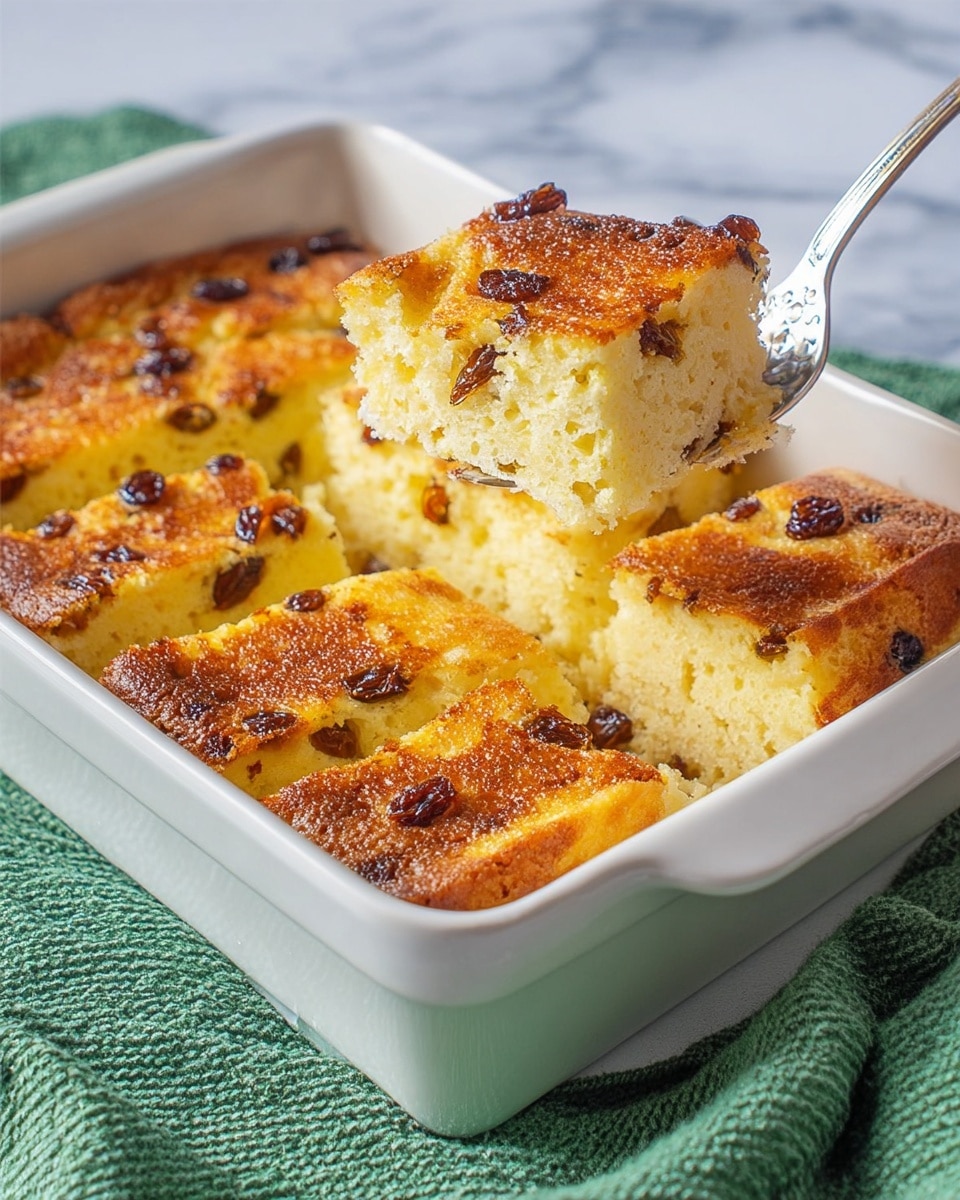 The image shows a close-up of a white rectangular dish filled with seven slices of golden-brown bread pudding arranged neatly in two rows. Each slice has a textured top layer with crispy dark brown edges and a soft, moist yellow interior dotted with dark raisins. The bread’s surface looks slightly crunchy with a sugar-like sparkle, indicating a sweet finish. The background is a white marbled texture, adding a clean and bright contrast to the dish. photo taken with an iphone --ar 4:5 --v 7