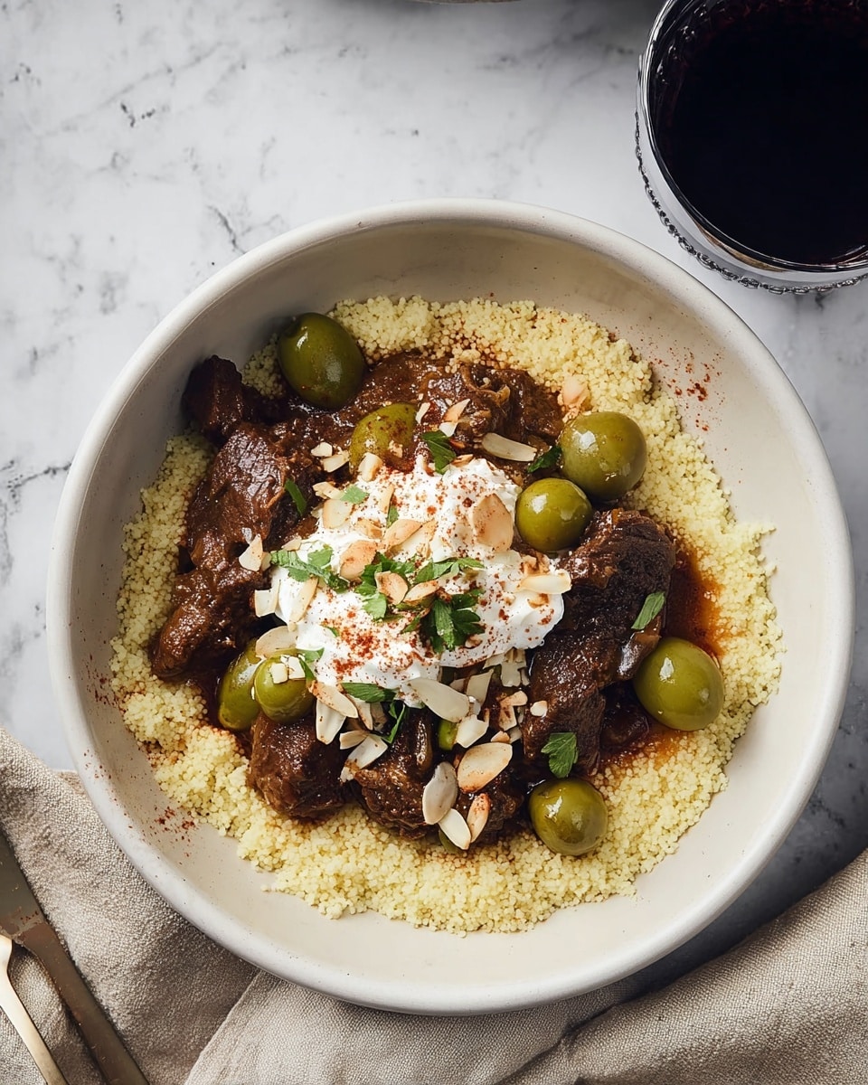 A white bowl filled with a base layer of light yellow couscous with a grainy texture. On top, there are brown chunks of cooked meat mixed with a few green olives scattered around. In the center, there is a dollop of white yogurt cream topped with thinly sliced almond pieces, a sprinkle of red spice, and small green herbs. The bowl is set on a white marbled surface next to a striped cloth and a large silver spoon with a wooden handle. Part of a pot with more brown meat and green olives is visible at the top left, and a dark glass cup sits in the upper right corner. Photo taken with an iphone --ar 4:5 --v 7