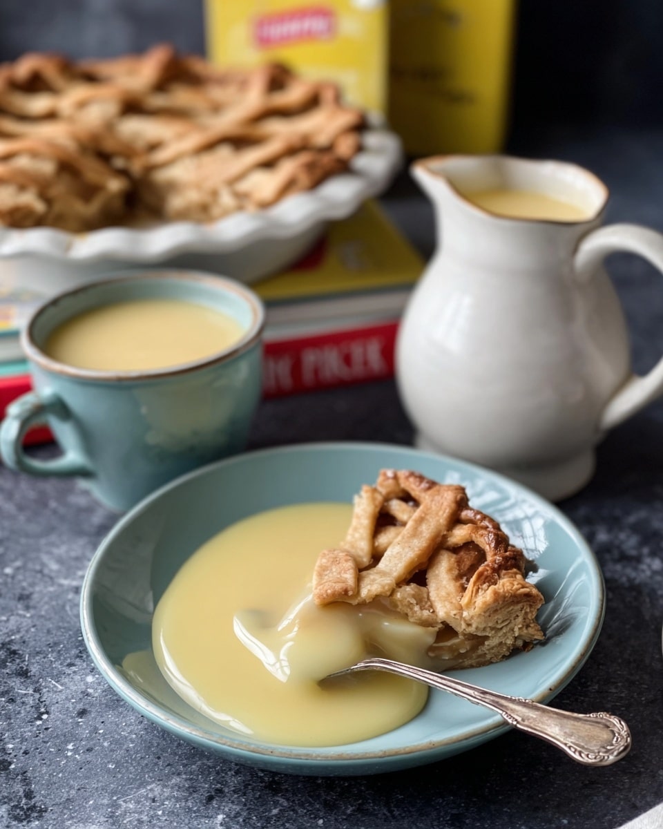 A round pie with a golden-brown crust sits on a white plate on a white marbled surface. The pie has a lattice top made of twisted strips of dough crossed over each other, showing a thick orange filling underneath. The crust is thick and slightly crimped around the edges. A silver knife with a beige handle rests on the edge of the pie, with some sugar crystals scattered on it. Small Union Jack flags are placed around, and in the background, there is a blurred green teapot and a glass with purple flowers. photo taken with an iphone --ar 4:5 --v 7