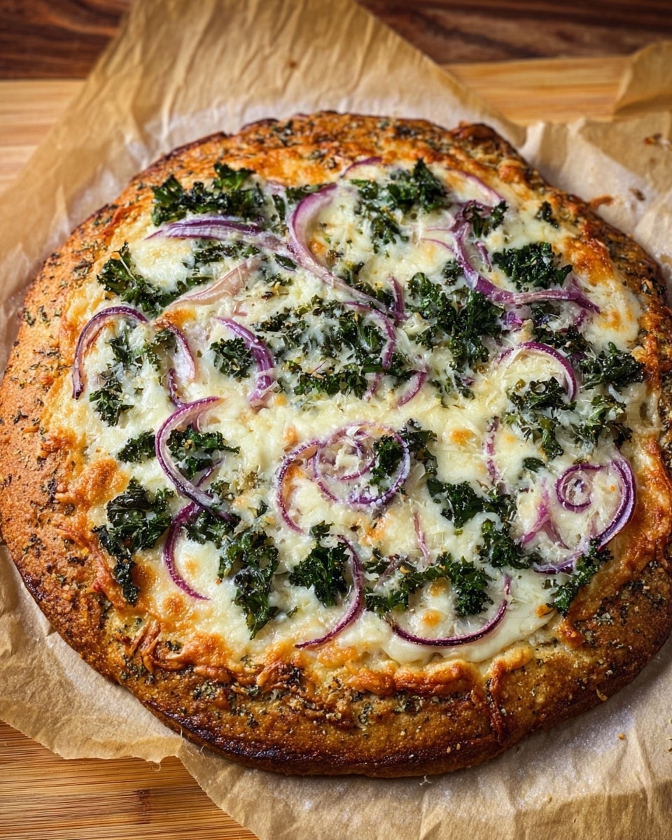 The image shows a close-up of a pizza with a golden brown crust that has a crispy texture with slightly charred spots and melted cheese oozing at the edges. The pizza is topped with a smooth white layer of melted cheese, spread evenly across the surface. On top, there are scattered dark green leafy vegetables and thin slices of purple onions spread evenly. The pizza is placed on a round wooden board with a white marbled background visible behind it. The combination of colors and textures gives a fresh and appetizing look. photo taken with an iphone --ar 4:5 --v 7