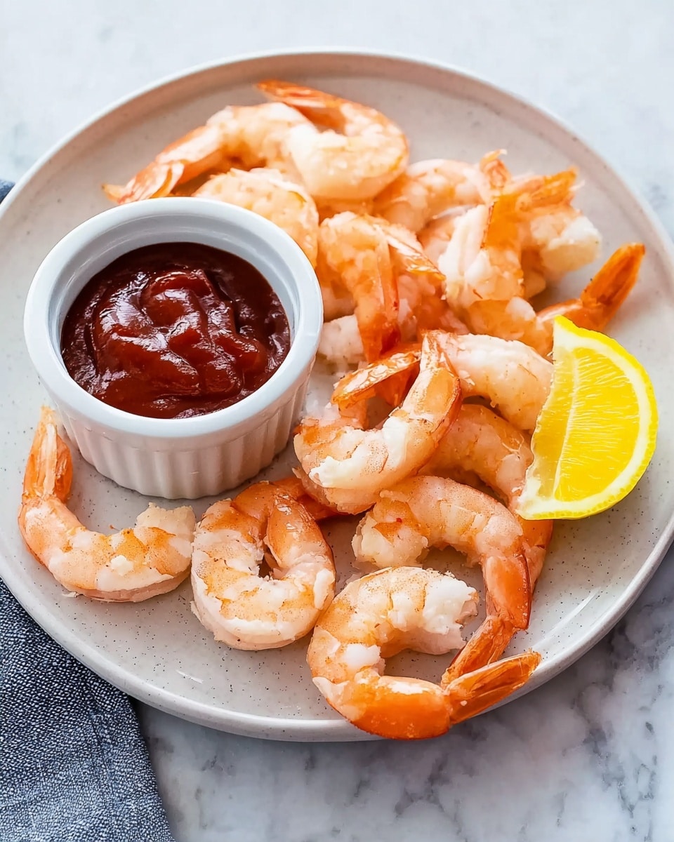 A blue plate holds one layer of cooked shrimp arranged in a loose circle around a small white ramekin filled with red cocktail sauce. Two shrimp are placed hanging on the edge of the ramekin. A yellow lemon wedge sits on the left side of the plate. The plate is set on a white marbled surface with a white and beige striped cloth nearby. In the blurry background, another similar blue plate with shrimp and lemon wedges and a white bowl with more red sauce are partially visible. Photo taken with an iphone --ar 4:5 --v 7