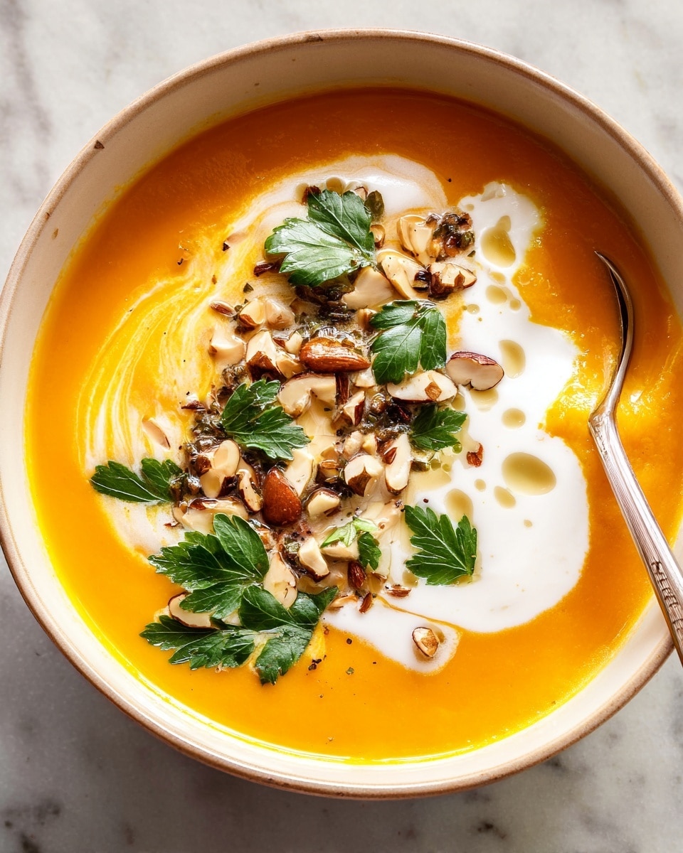 A bowl of smooth orange soup fills the white bowl, topped with a thick swirl of white cream that spreads in a loose spiral. Scattered on top are small brown seeds, thin pale beige almond slices, and fresh green parsley leaves. The bowl sits on a white cloth with red stripes, placed on a white marbled surface, with two silver spoons and a glass bowl of pale seeds nearby, visible in the background. Photo taken with an iphone --ar 4:5 --v 7