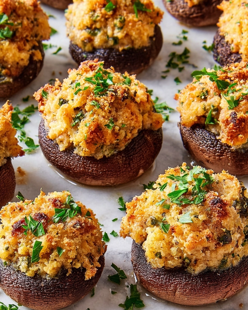 The image shows multiple stuffed mushrooms arranged close together on a white marbled surface. Each mushroom has a thick, dark brown cap base with a textured, wrinkled surface. They are filled with a thick layer of golden brown, crumbly stuffing that has bits of green herbs mixed in, giving a fresh touch of color. The stuffing layer is uneven and rises above the mushroom cap, looking crunchy and textured with some small burnt spots. Chopped parsley leaves are scattered on top of the stuffing and around the mushrooms on the surface, adding a vibrant green contrast. photo taken with an iphone --ar 4:5 --v 7