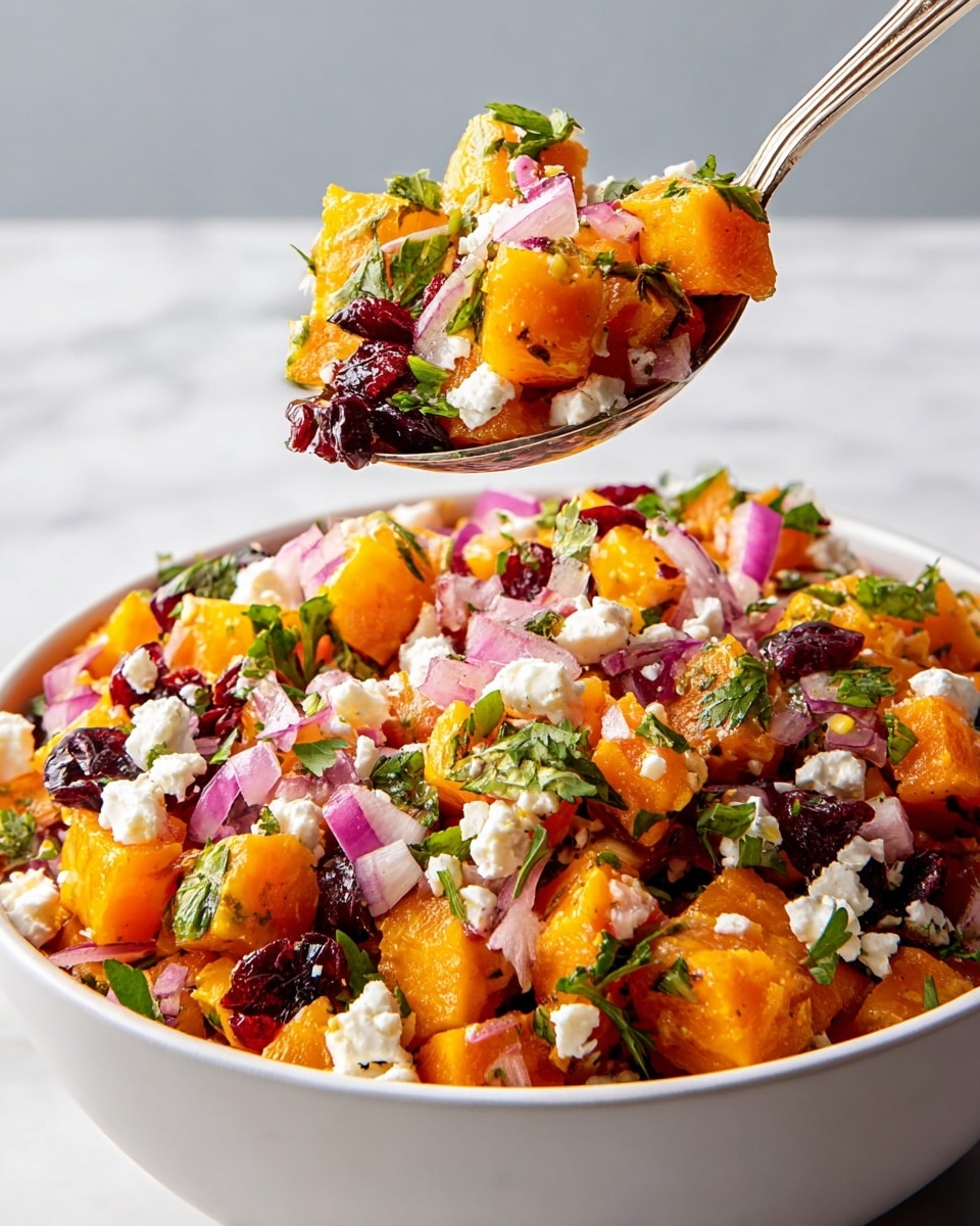 The image shows a white bowl filled with a colorful salad made up of many small orange cubes layered with white crumbles of cheese, deep red dried cranberries, thin slices of purple onion, and bright green parsley leaves scattered on top. A spoon lifting a portion of the salad shows the vibrant contrast between the orange cubes, purple onion, red cranberries, green parsley, and white cheese crumbles clearly. The white marbled surface in the background adds a clean and bright look to the image. photo taken with an iphone --ar 4:5 --v 7