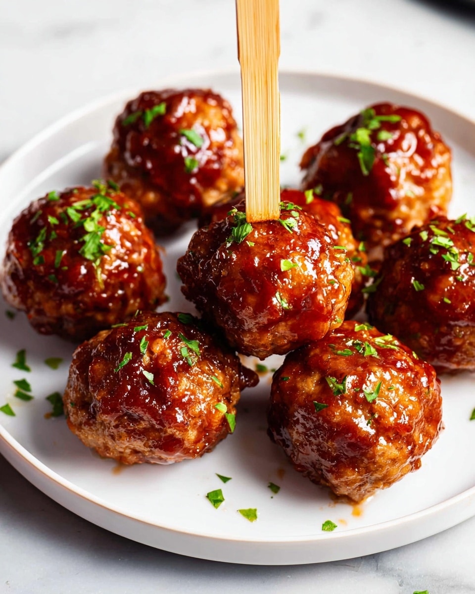 A white plate with slightly raised edges holds several small round meatballs, each coated with a shiny, sticky glaze that is deep reddish-brown in color. The surface of the meatballs looks slightly textured and browned from cooking, with small bits of green herbs sprinkled on top for contrast. Each meatball has a light wooden skewer stuck in the middle, standing upright. The plate rests on a white marbled surface, and a few small green herb pieces are scattered near the plate. The scene is bright and clear, showing the glossy texture of the glaze and the tender meatballs. photo taken with an iphone --ar 4:5 --v 7